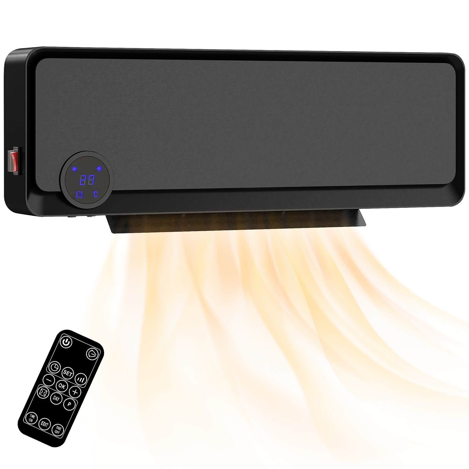 1000w/2000w Wall Downflow Heater 10-49°c Temperature W/ Timer, Black