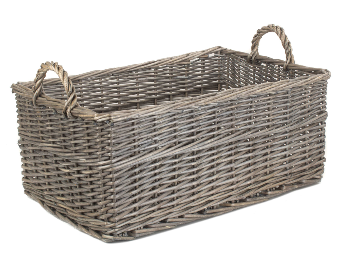 Wicker Shallow Antique Wash Storage Basket | Large | Brown