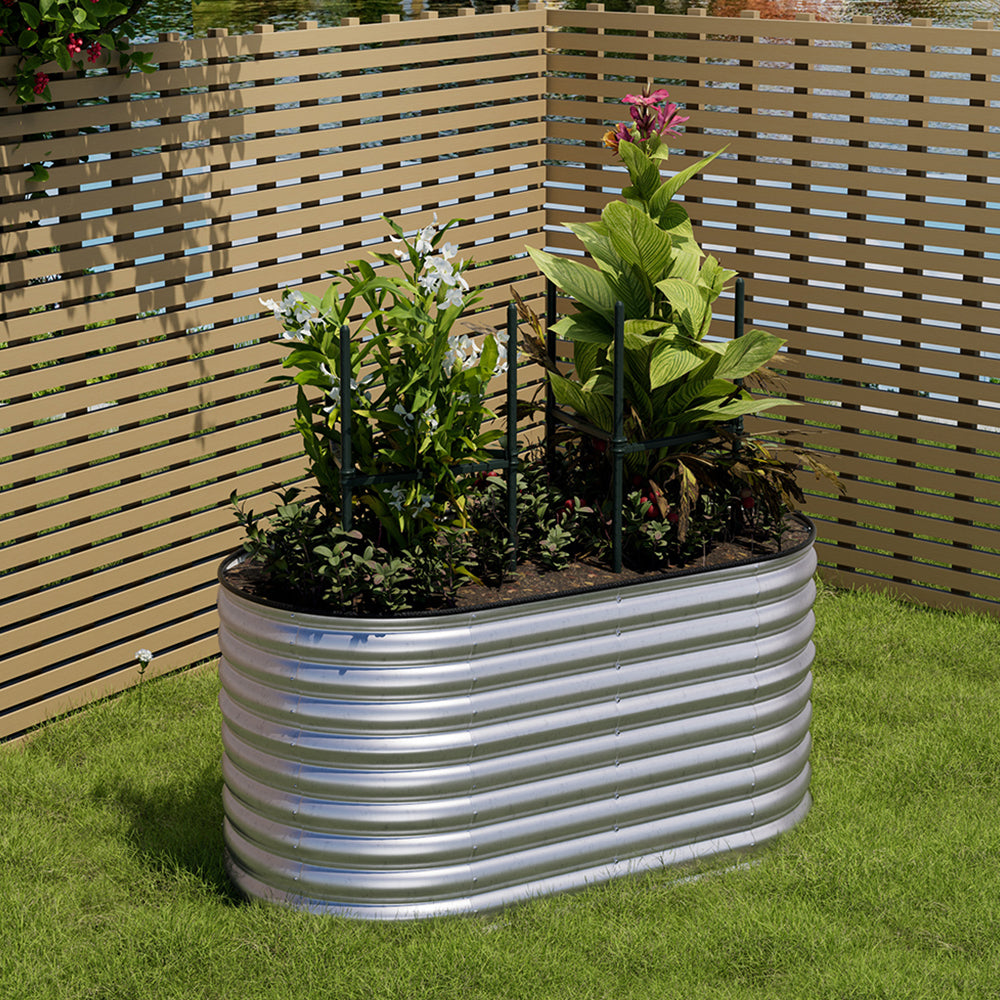 160/240/320cm W X 80cm D X 80cm Height Gardens Plan Oval-shaped Galvanized Steel Raised Garden Bed With Safety Edging & Ground Stakes | Small | Galvanized Silver