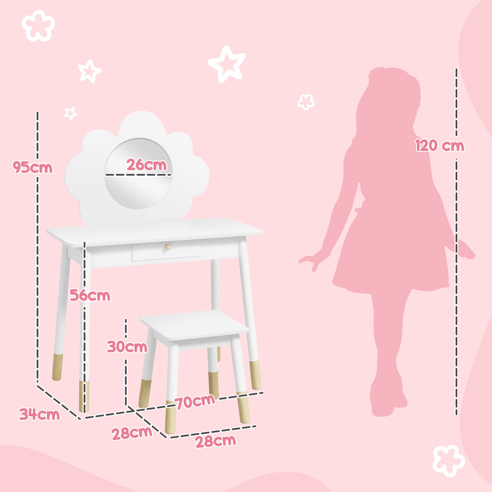 Kids Dressing Table With Mirror And Stool, Drawer, Cloud Design | White