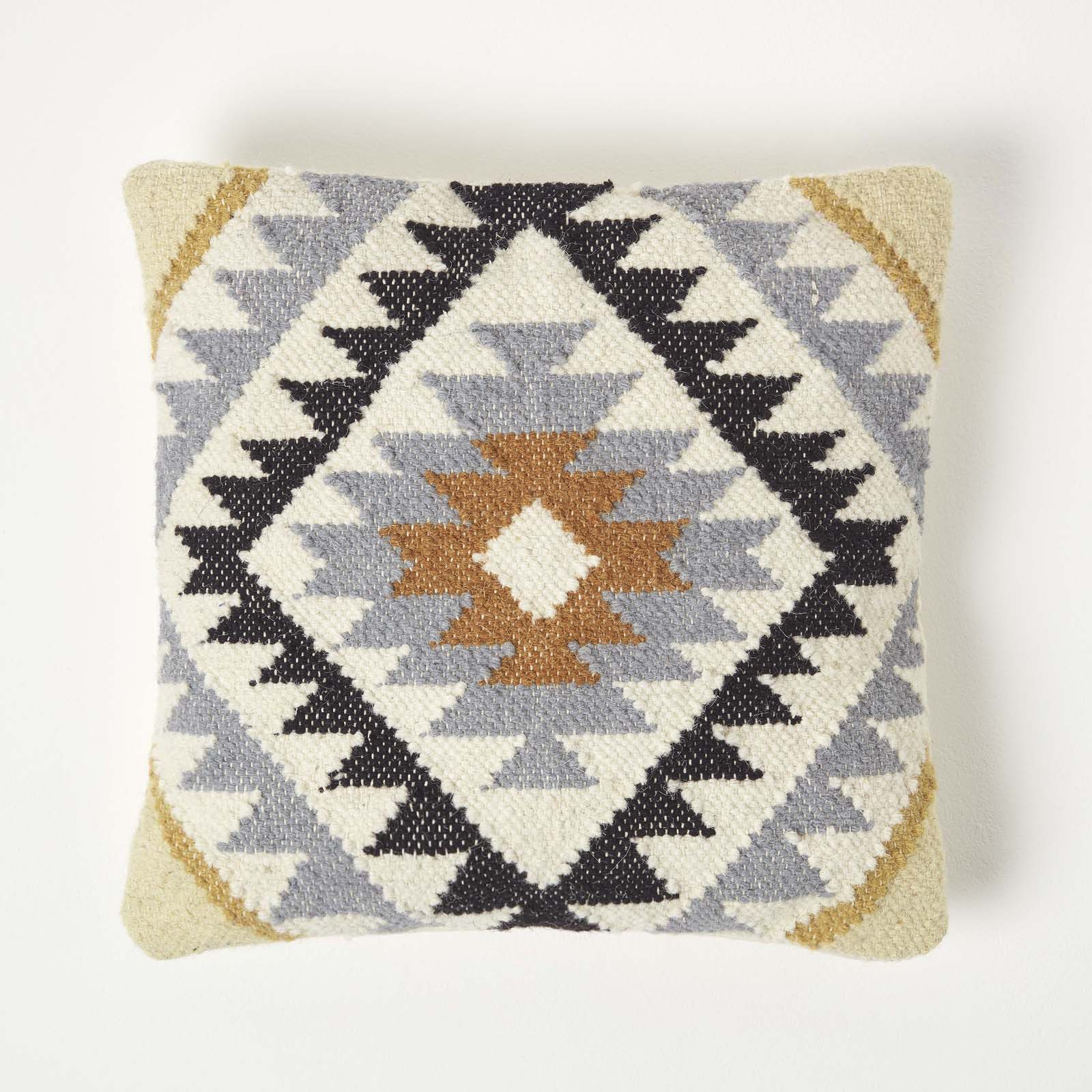 Handwoven Kilim Cushion With Feather Filling | 45cm x 45cm | Black & Grey