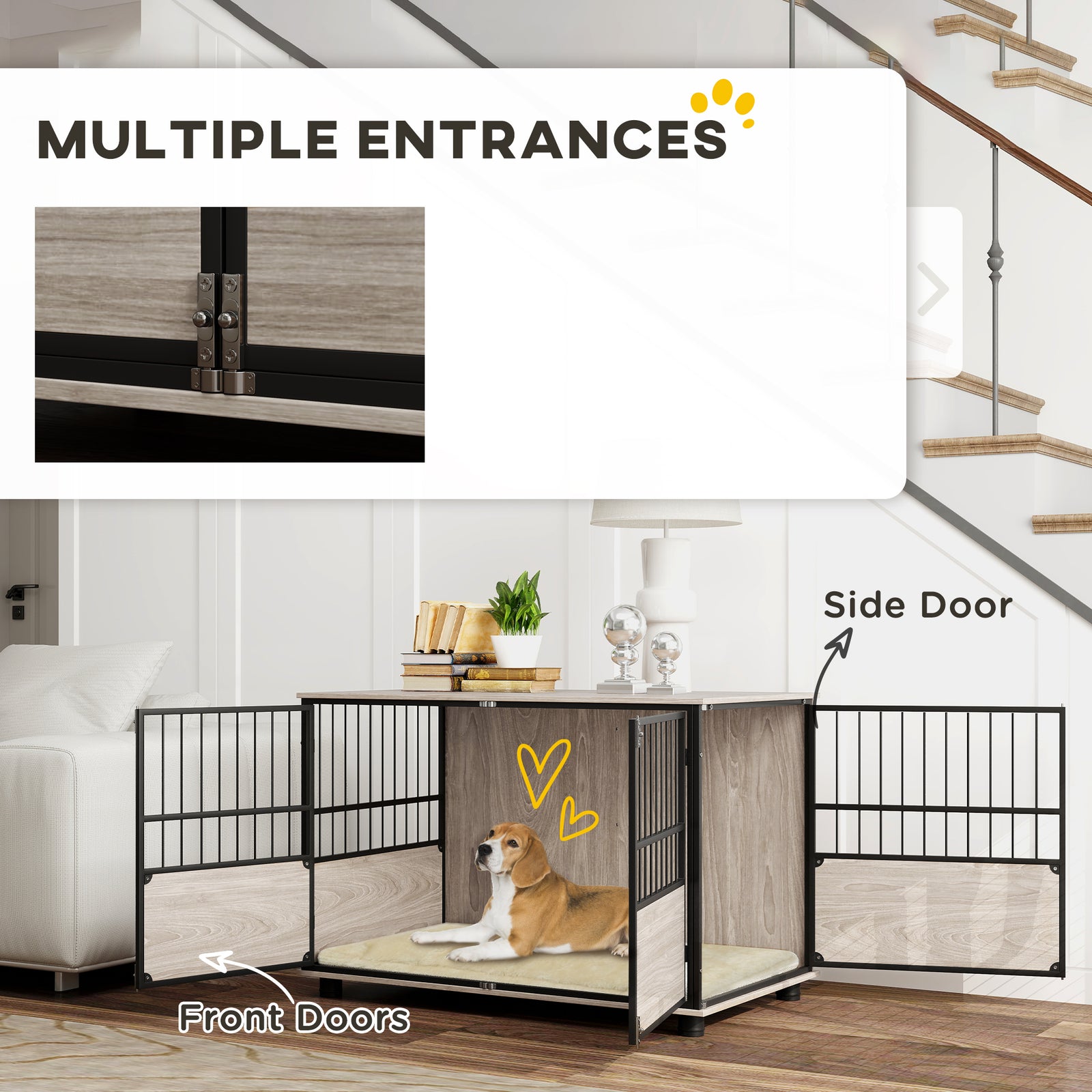 100cm Dog Crate Table W/ Doors, Cushion