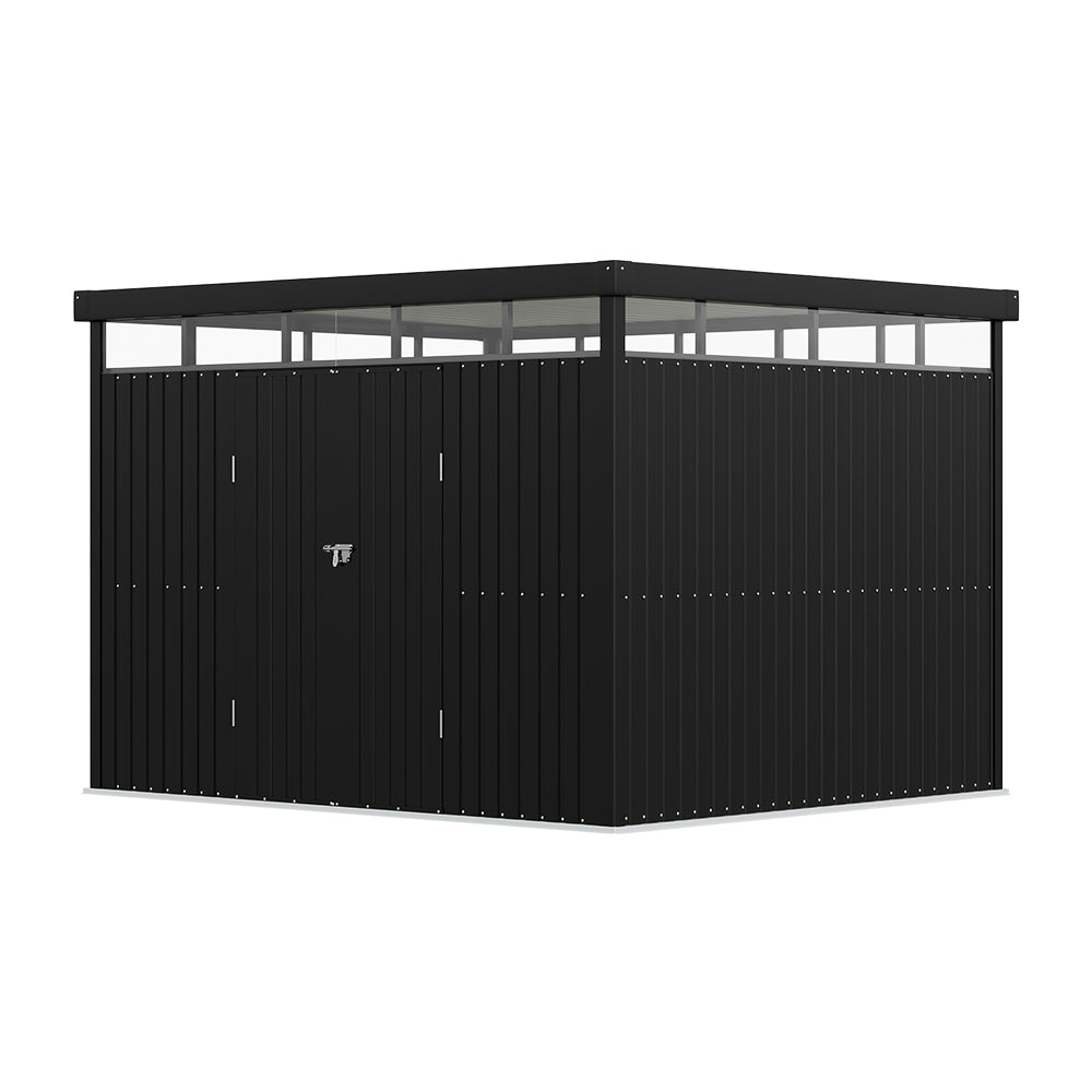 9.71 × 8.46 Ft Metal Garden Storage Shed Skylight Roof Shed,large Outdoor Tool House Flat Roof Storage & Lockable Door