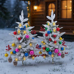 Set Of 2 Led Snow Flocked Christmas Trees,artificial Pine With Red Berries, Baubles & Pinecones, 8 Lighting Modes, Timer Function