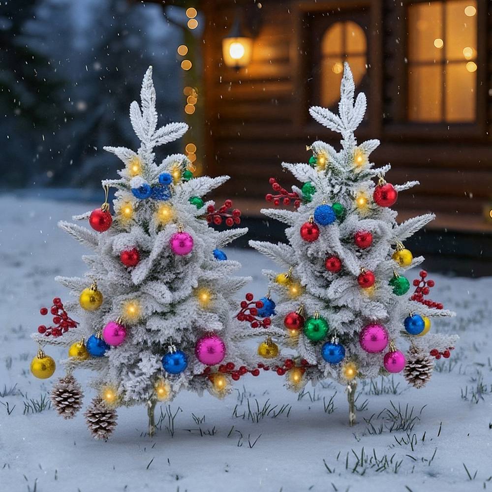Set Of 2 Led Snow Flocked Christmas Trees,artificial Pine With Red Berries, Baubles & Pinecones, 8 Lighting Modes, Timer Function