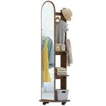 2-in-1 Full Length Mirror With Shelves, 4 Wheels, Brown Wood Effect | Brown