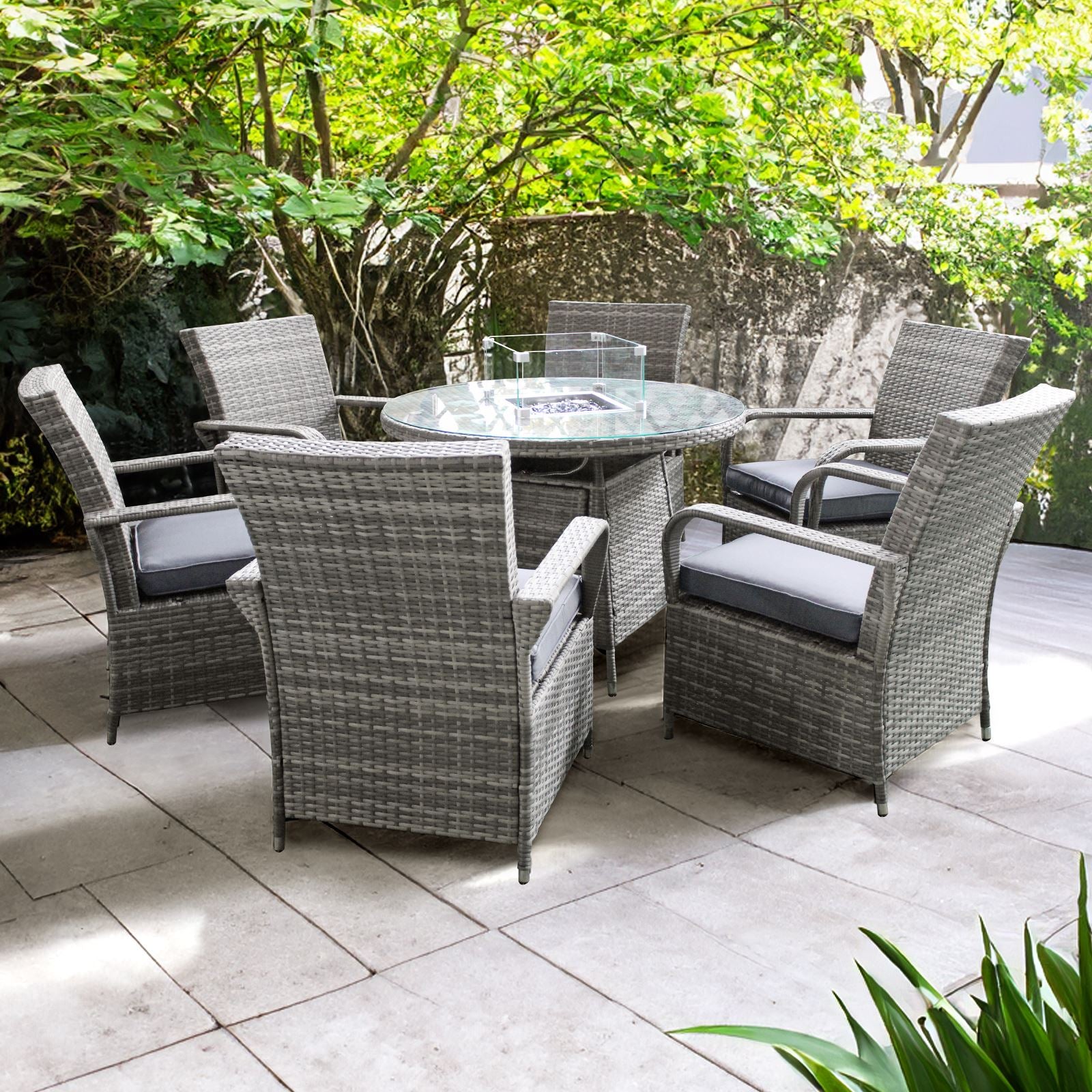 Windsor Rattan 6 Seat Firepit Dining Set | Mixed Grey