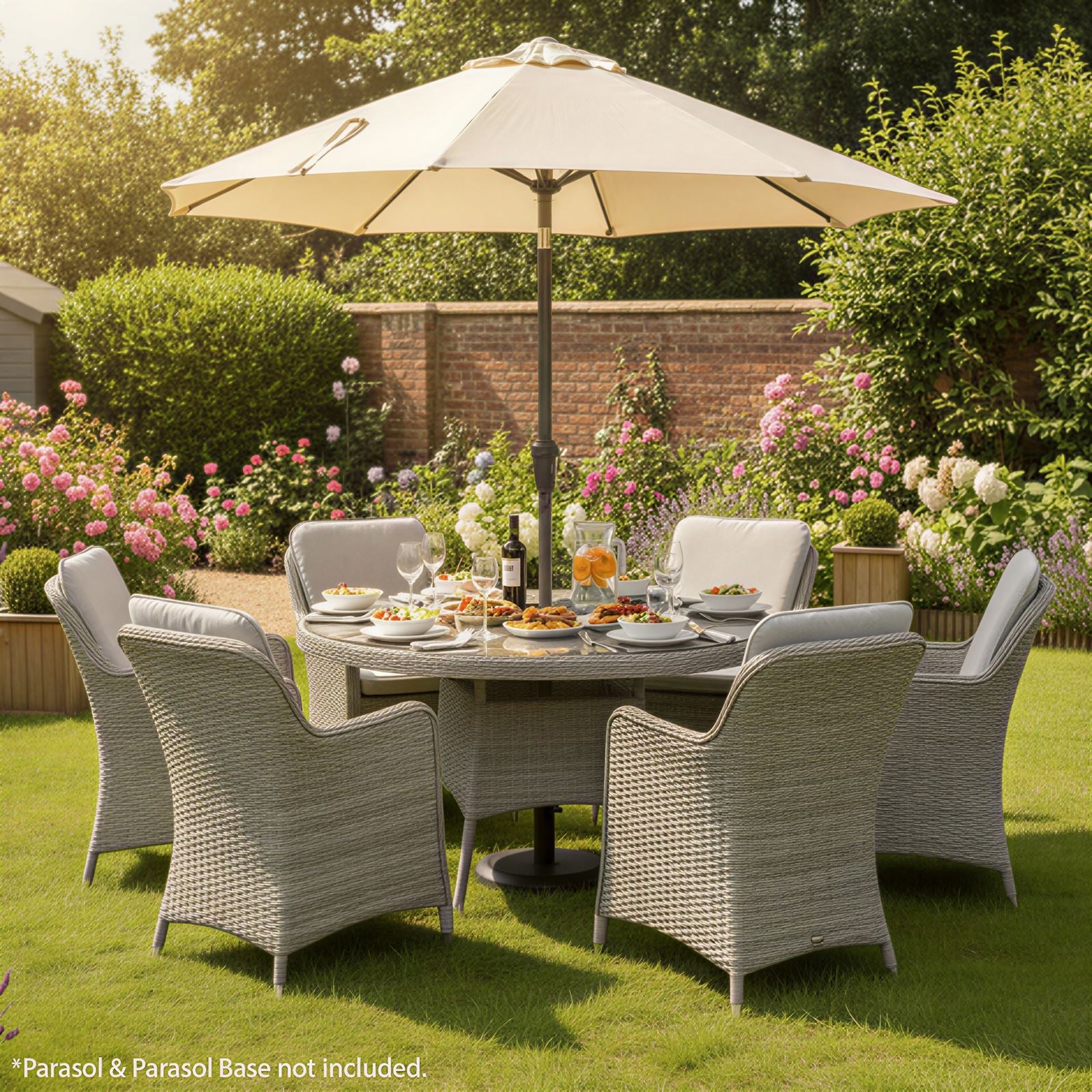 Hampton Rattan 6 Seat Dining Set In Dove Grey | Light Grey