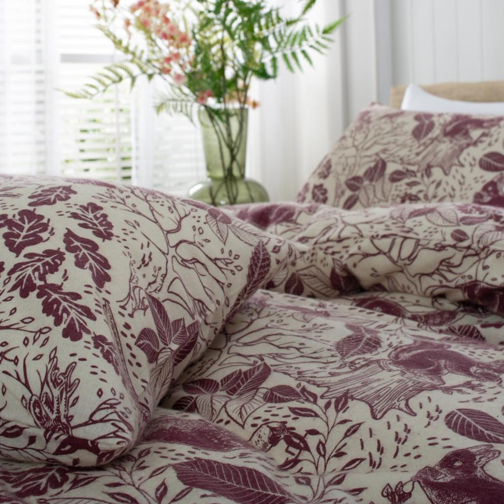 Hidden Forest Mulberry 100% Cotton Brushed Duvet Cover Set | Single | Red