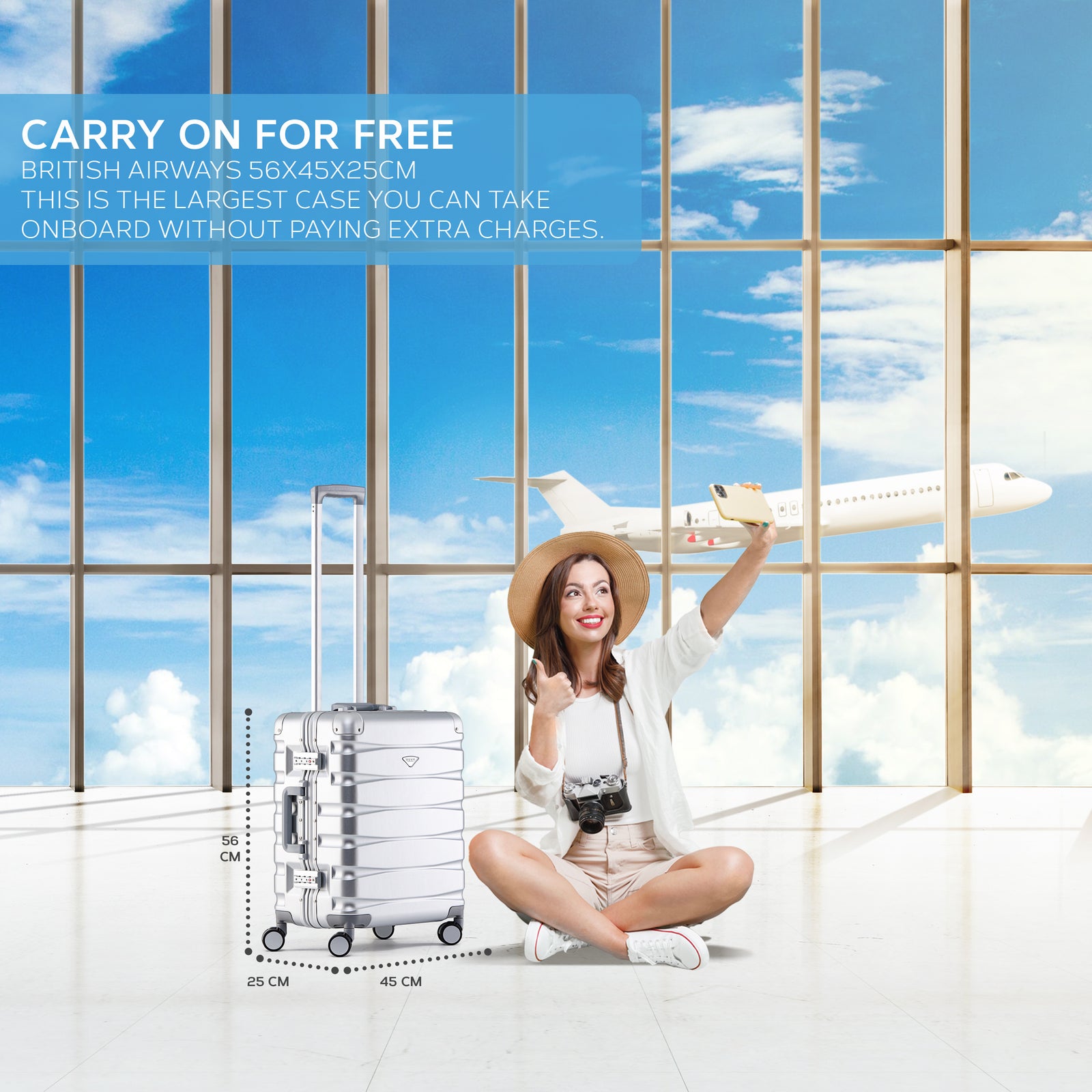 56x45x25cm Large Cabin Carry On Case - Overhead Luggage Suitcase - 4 Spinner Wheels - Aluminium Frame/abs Shell Outer | Cabin | Silver