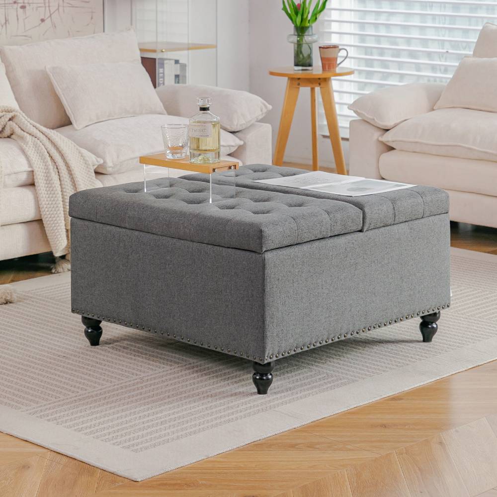 Square Linen Upholstered Storage Ottoman With Lift-top & Flip Design | Grey