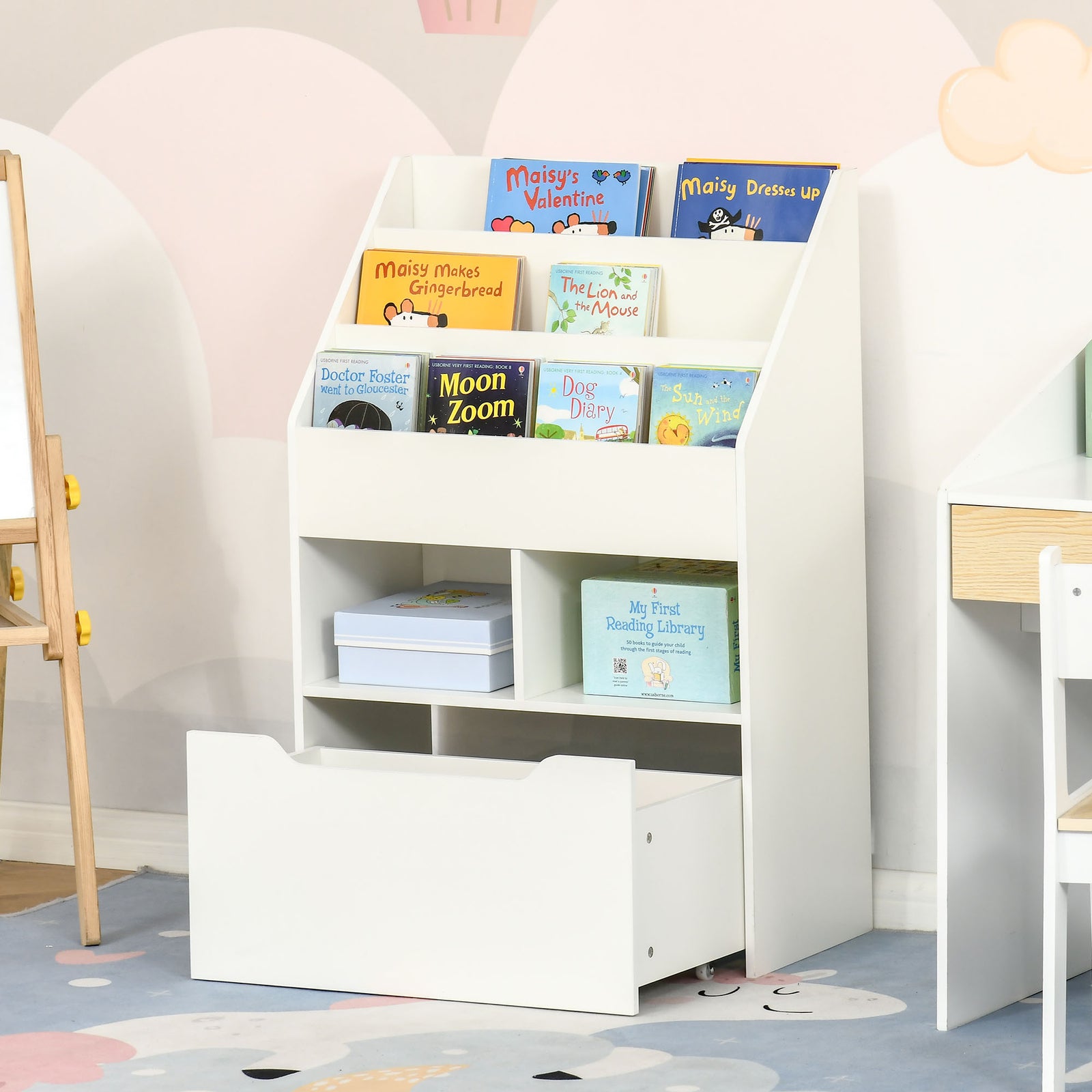 Kids Bookshelf, Toy Box W/ Storage Drawer, Wheels, For Bedroom | White