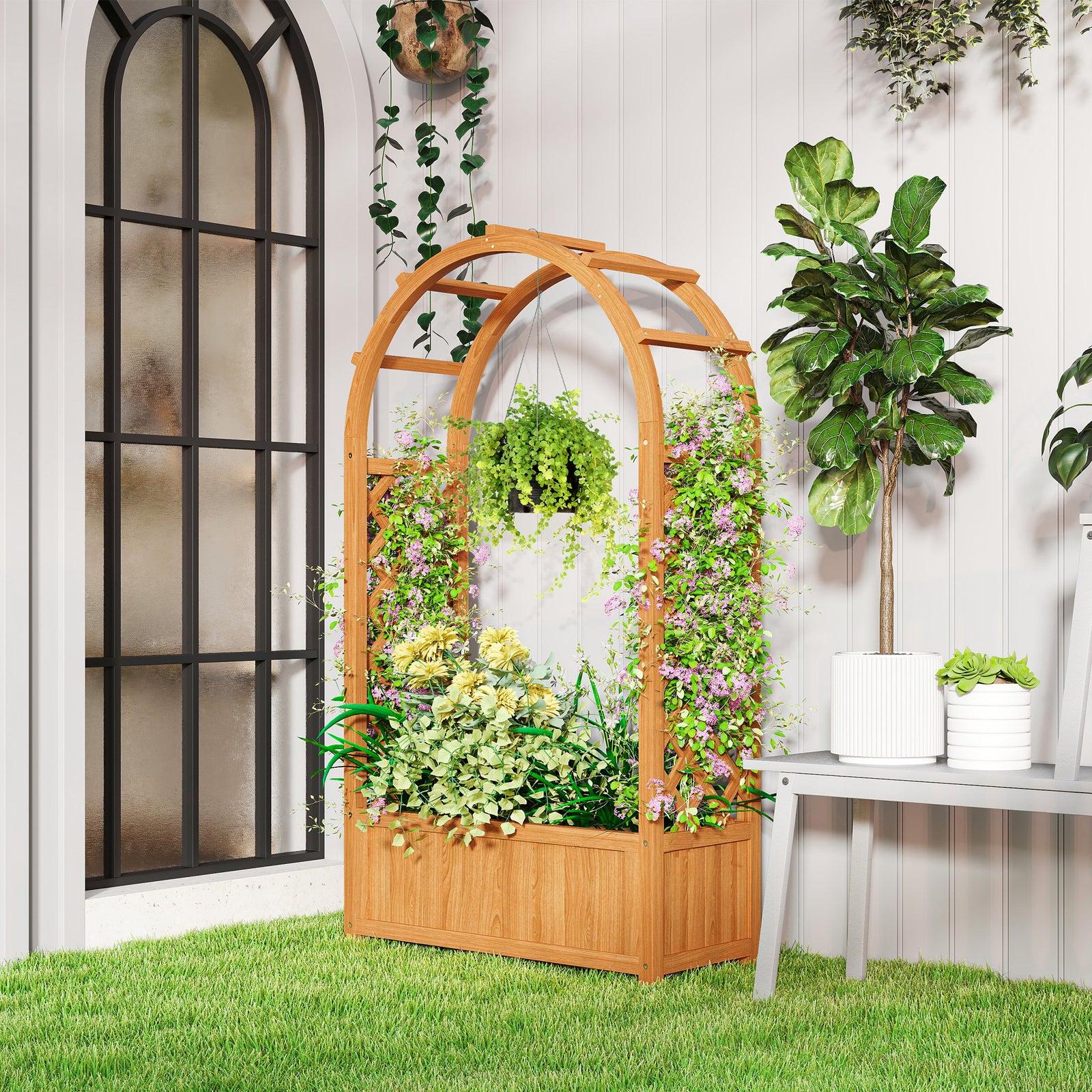 Wooden Raised Garden Bed With Arch Trellis