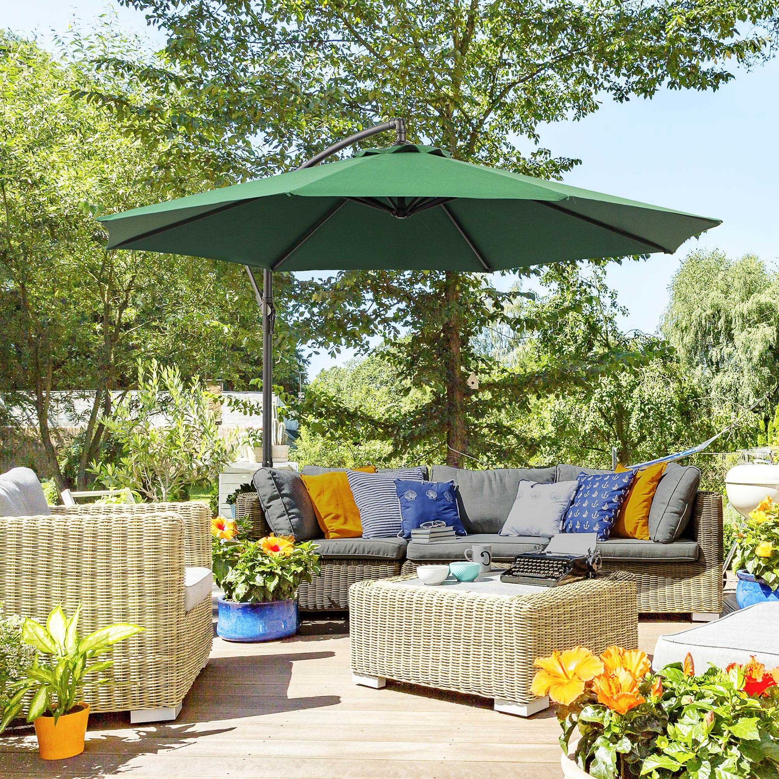 3m Garden Parasol W/ Crank & Base | Green