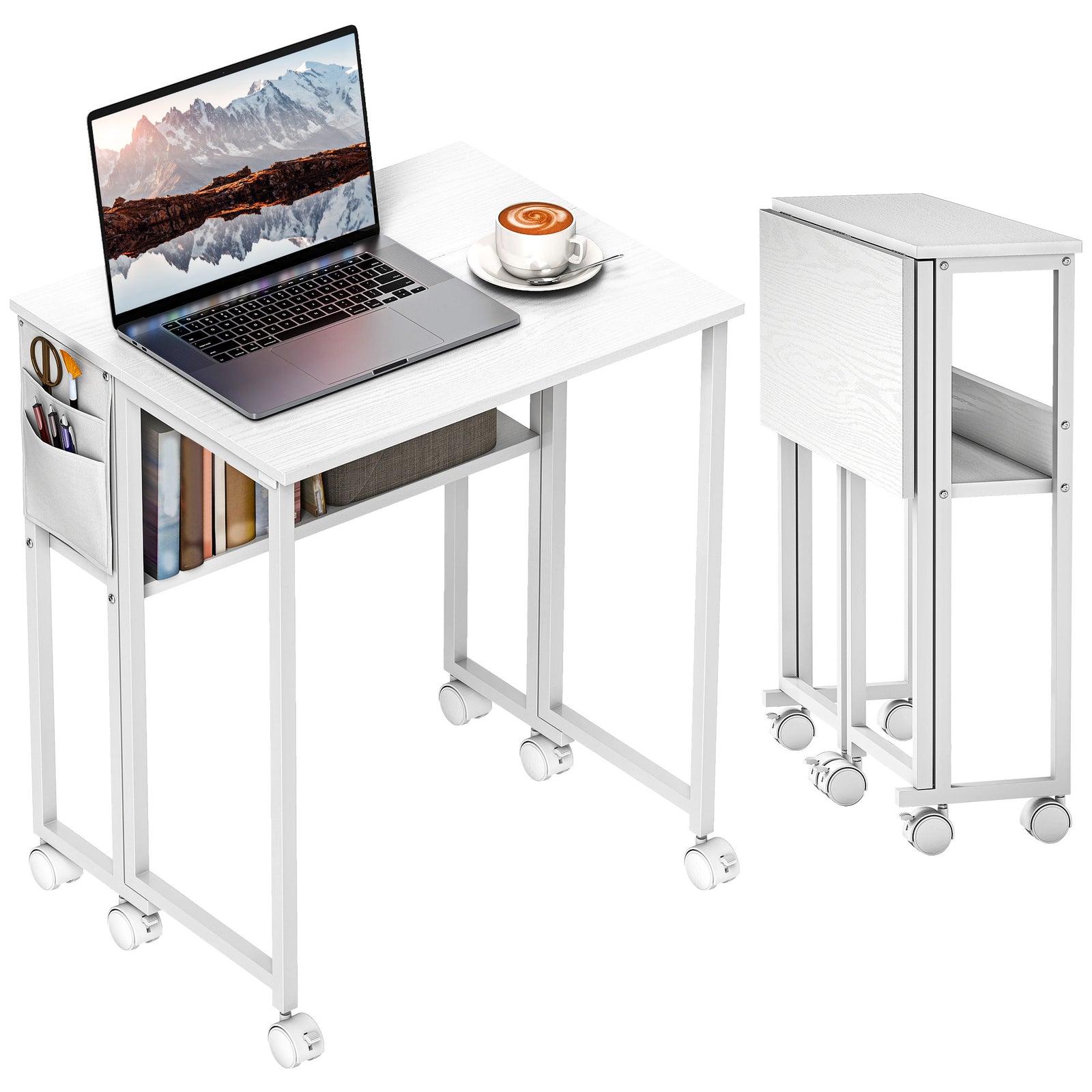 63 Cm Foldable Computer Desk On Wheels For Small Spaces | White