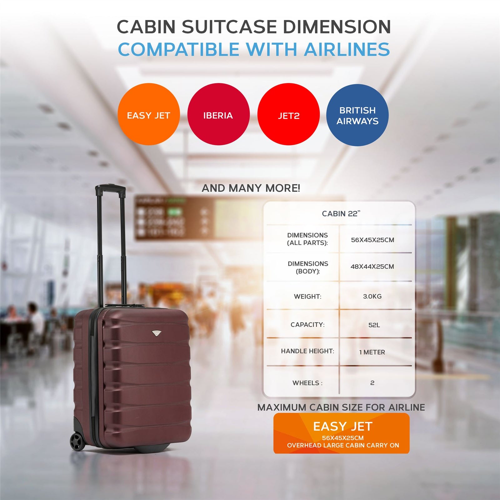 56x45x25cm Hard Cabin Suitcase - Lightweight 2-Wheel ABS Carry On Hand Luggage | Cabin | Burgundy