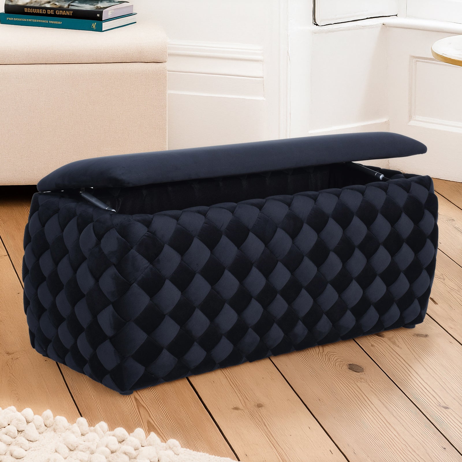 Plumeo Large Velvet Storage Ottoman | Black