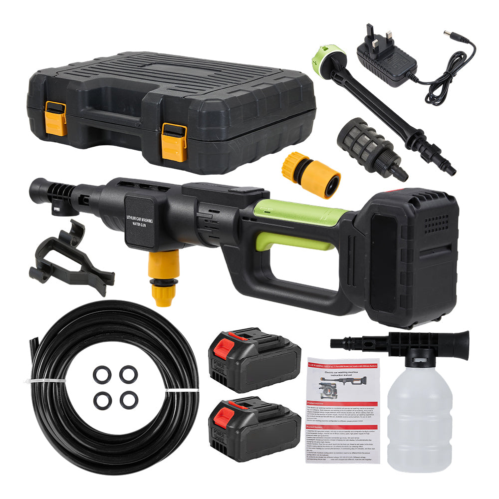 21v Cordless Handheld Pressure Washer With 2 Batteries, 5m Hose, 6-in-1 Nozzle & Foam Cannon, Portable Car And Garden Cleaner | Green & Black