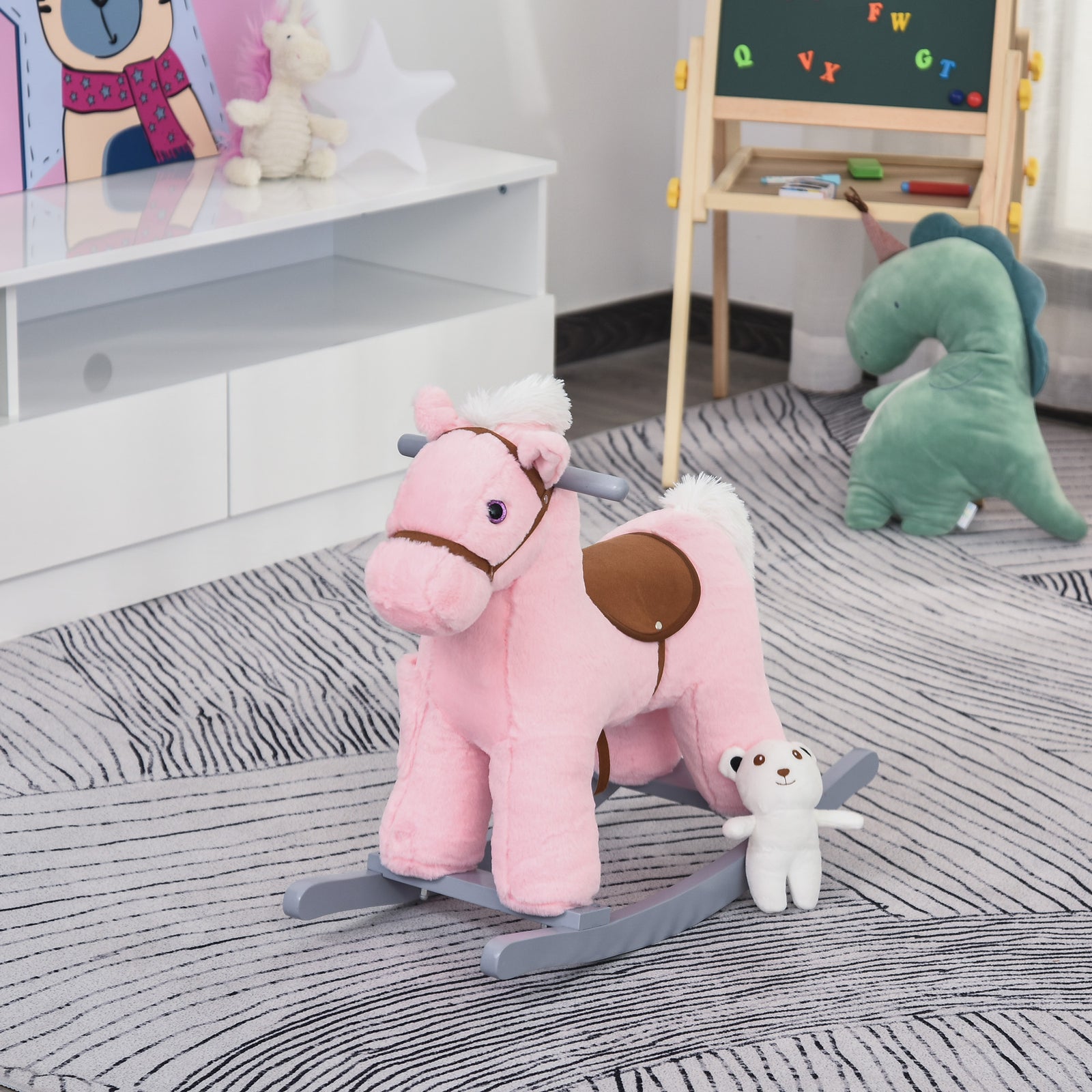 Kids Plush Ride-on Rocking Horse With Plush Toy Sound Handle Grip | Pink