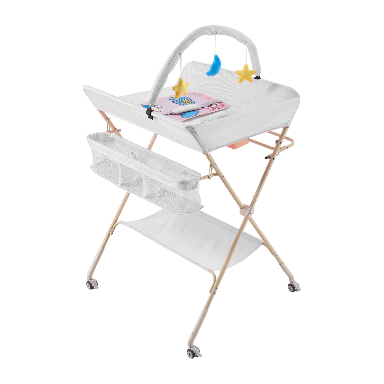 Portable Adjustable Baby Changing Table With Storage, Hanging Toy , Small Basin, Pillow & Changing Pad – Foldable Infant Diaper Station | Grey