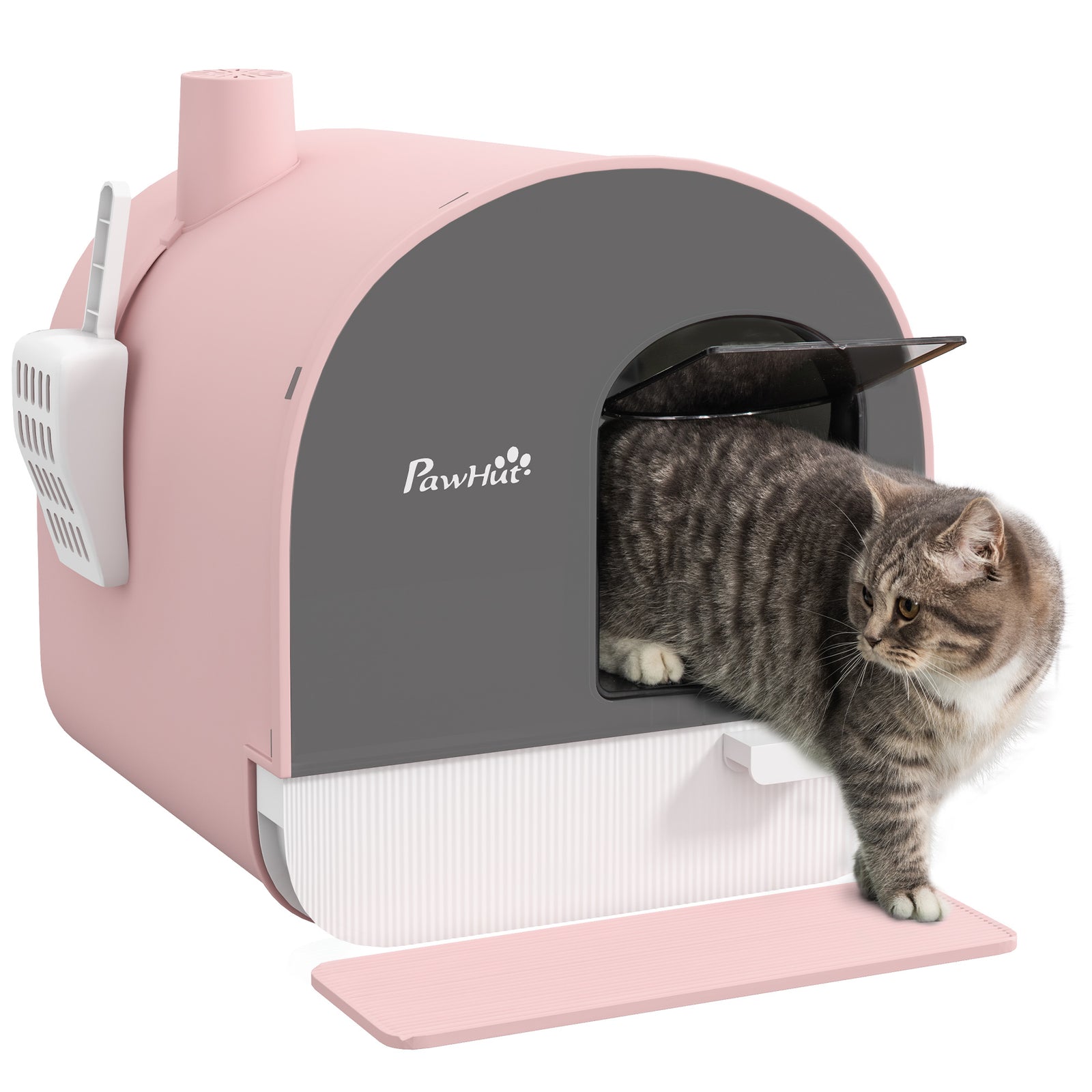 Cat Litter Box W/ Hood, Scoop, Filter, Flap Door | Pink