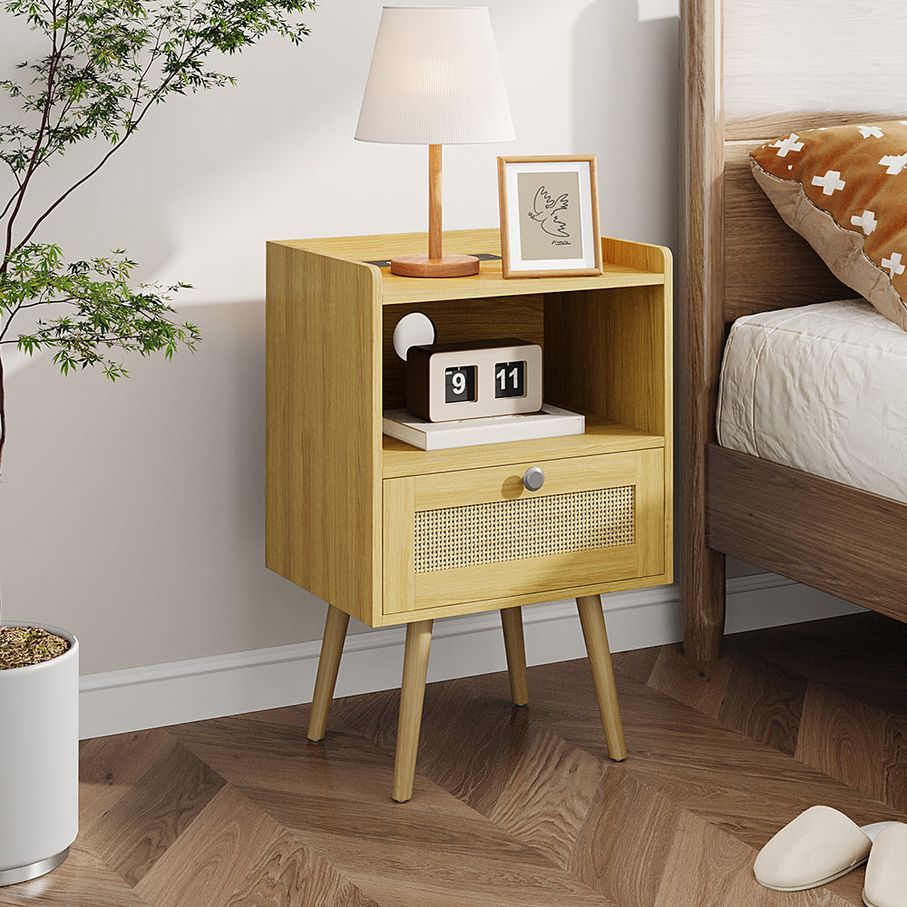 Wooden Nightstand With Charging Station, Bedside Table With Drawer And Open Shelf
