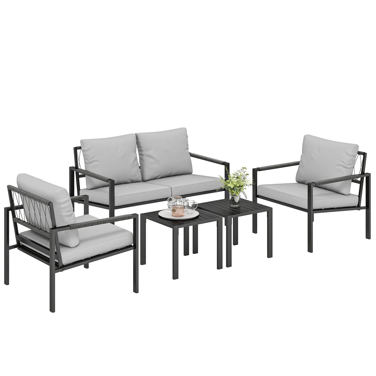 Outsunny 5 Piece Metal Garden Furniture Sofa Set With Cushions, Light Grey