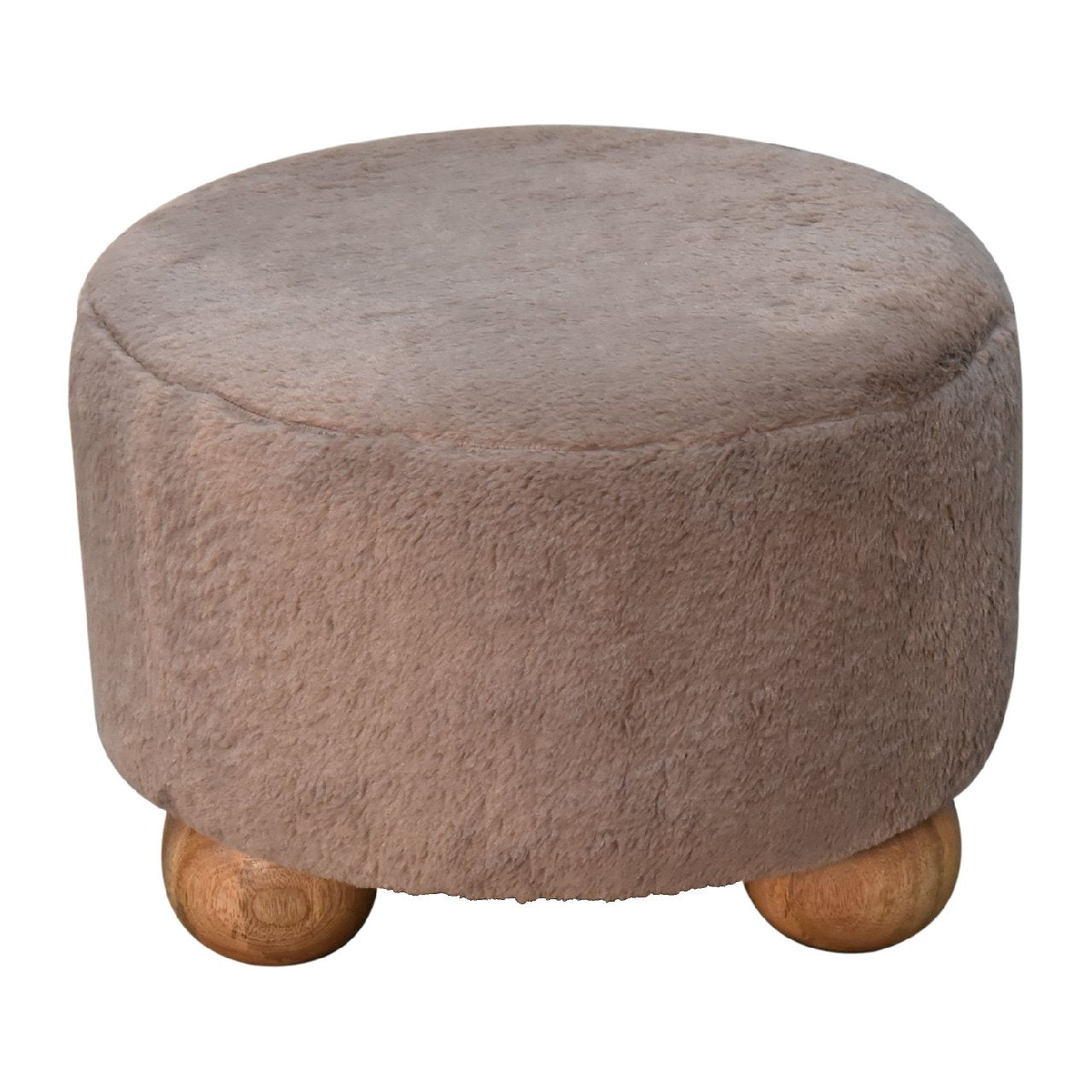 Solid Mango Wood Mocha Faux Fur Round Ball Footstool