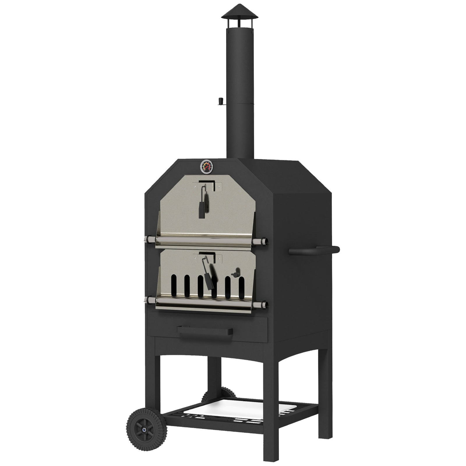 2-in-1 Pizza Oven, 3-tier, Rain Cover, Chimney | Black