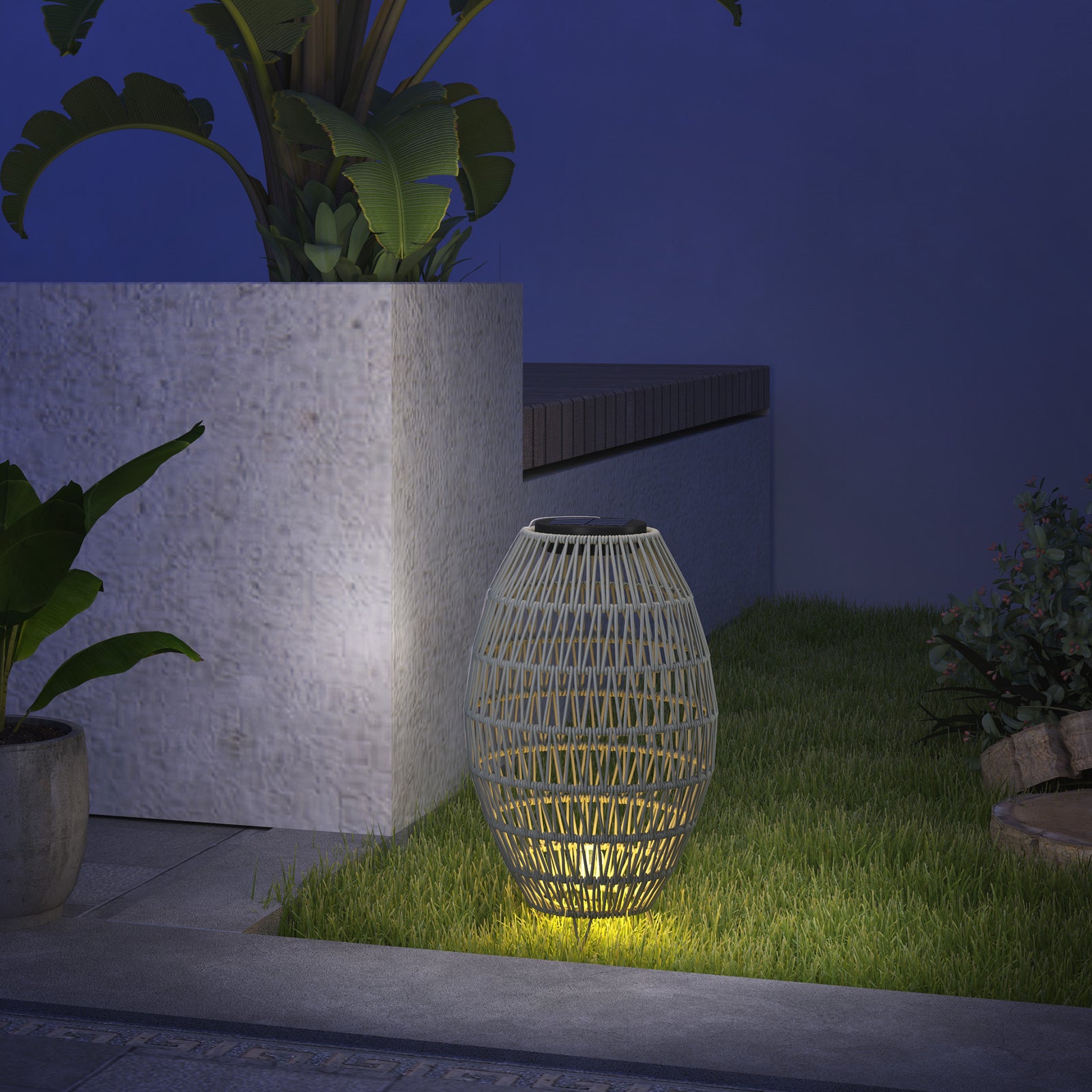 Rattan Solar Lamp, Auto On/off Garden Lantern | Gray