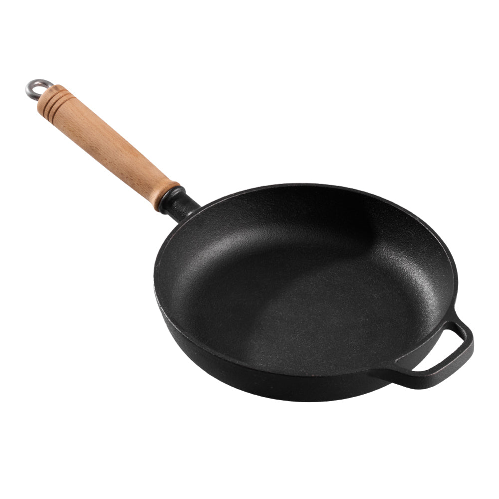 25/27cm Dia Round Cast Iron Skillet With Removable Wooden Handle | Large | Black