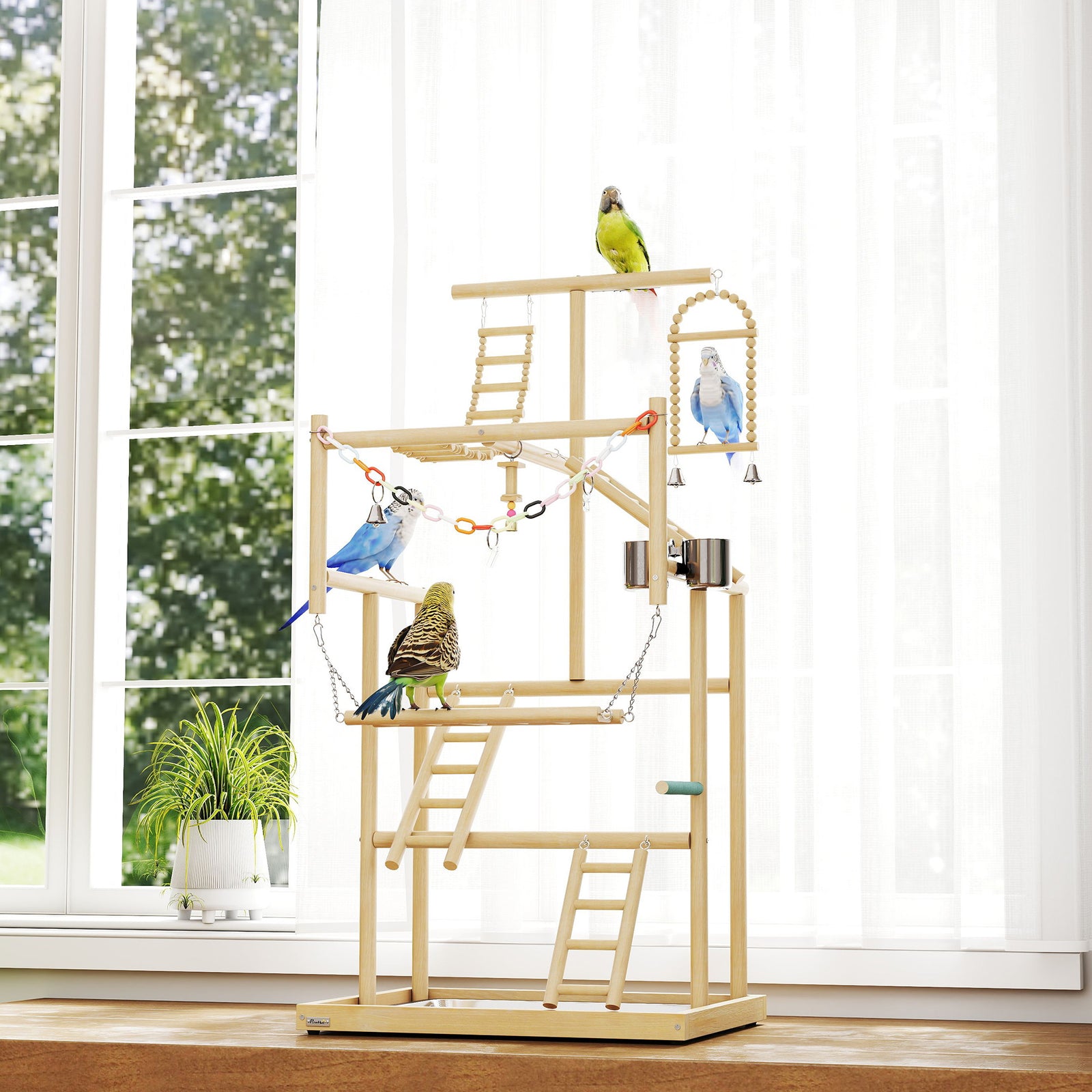 PawHut Wooden Bird Playground With Ladders, Chain Toy, Steel Cups And Tray