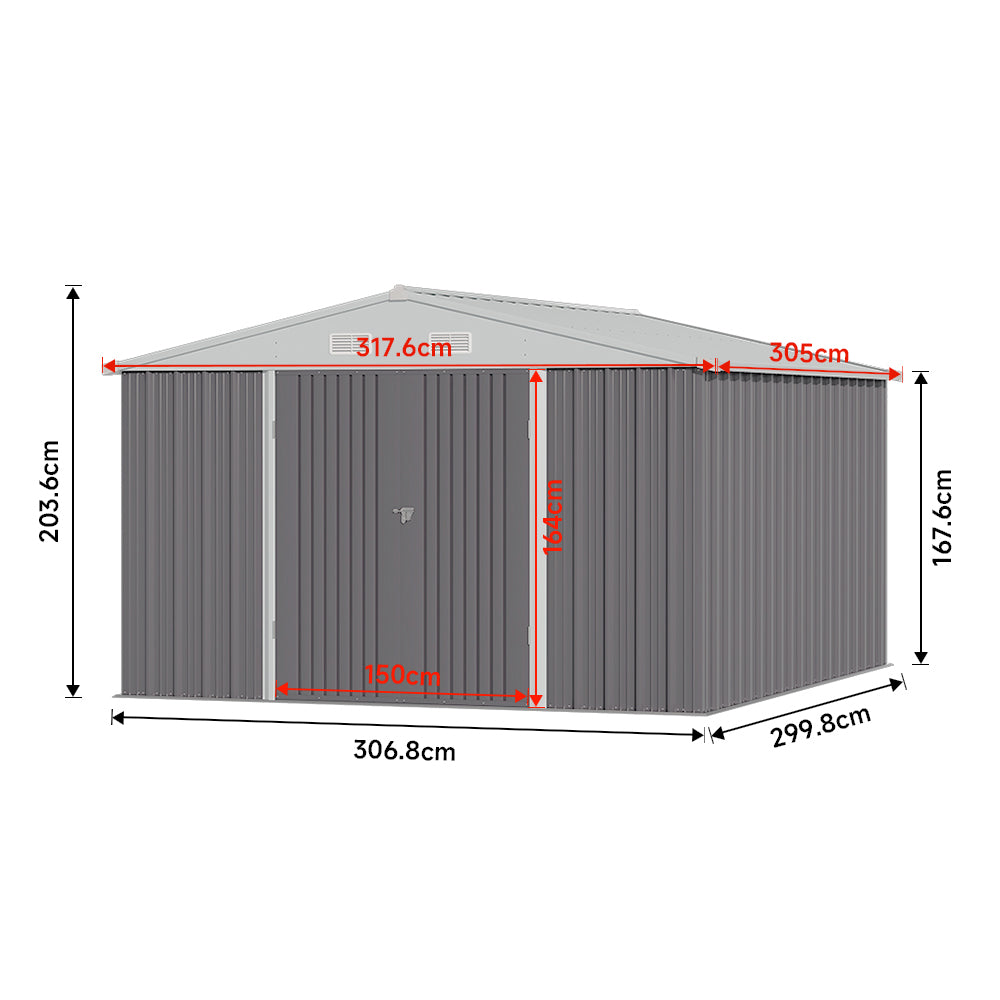 10x10ft  Galvanised Tool Storage Shed Outdoor Metal Storage Shed With Lockable Door