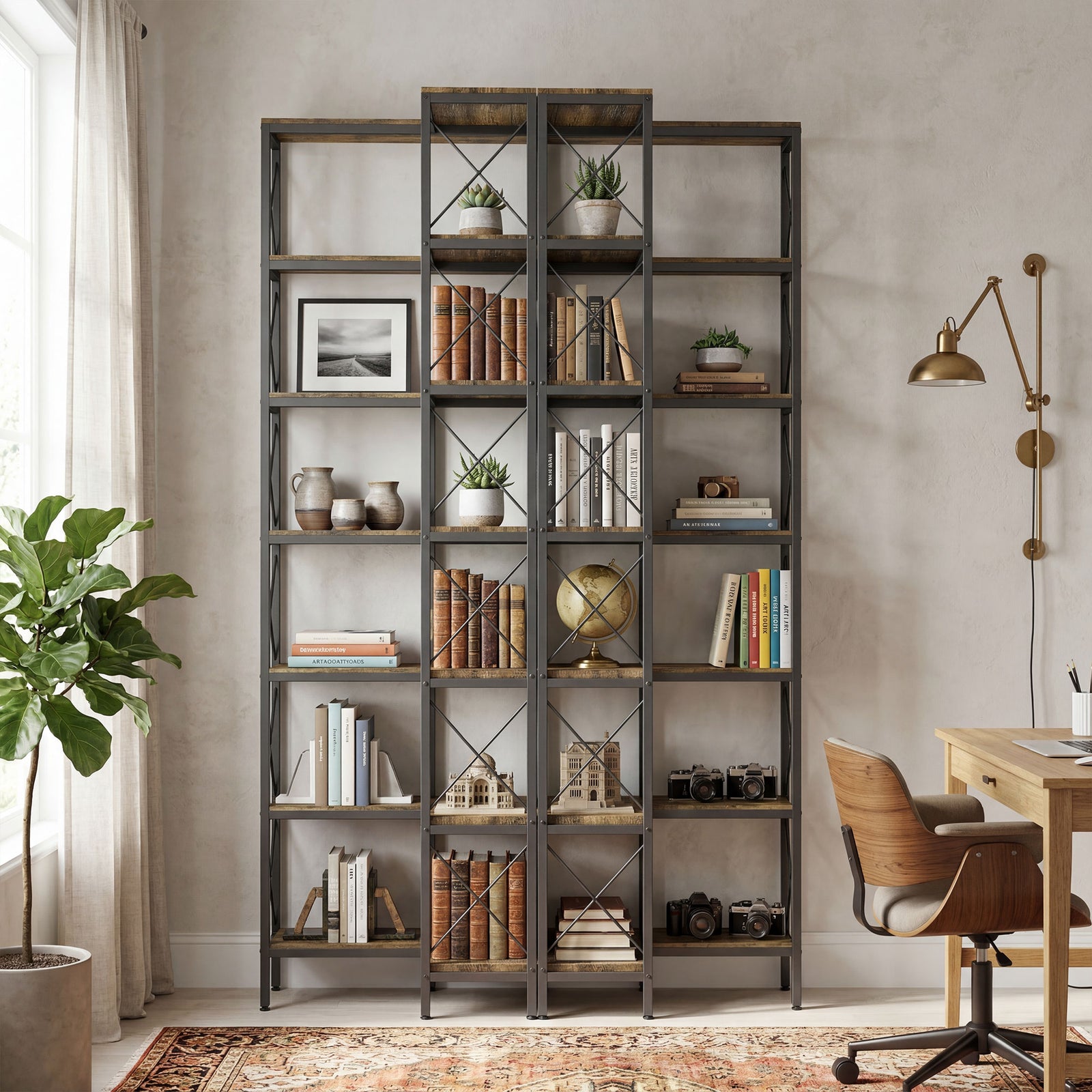 L-shaped Bookshelf, 6-tier Bookcase With Metal Frame, Rustic Brown | M | Rustic Brown
