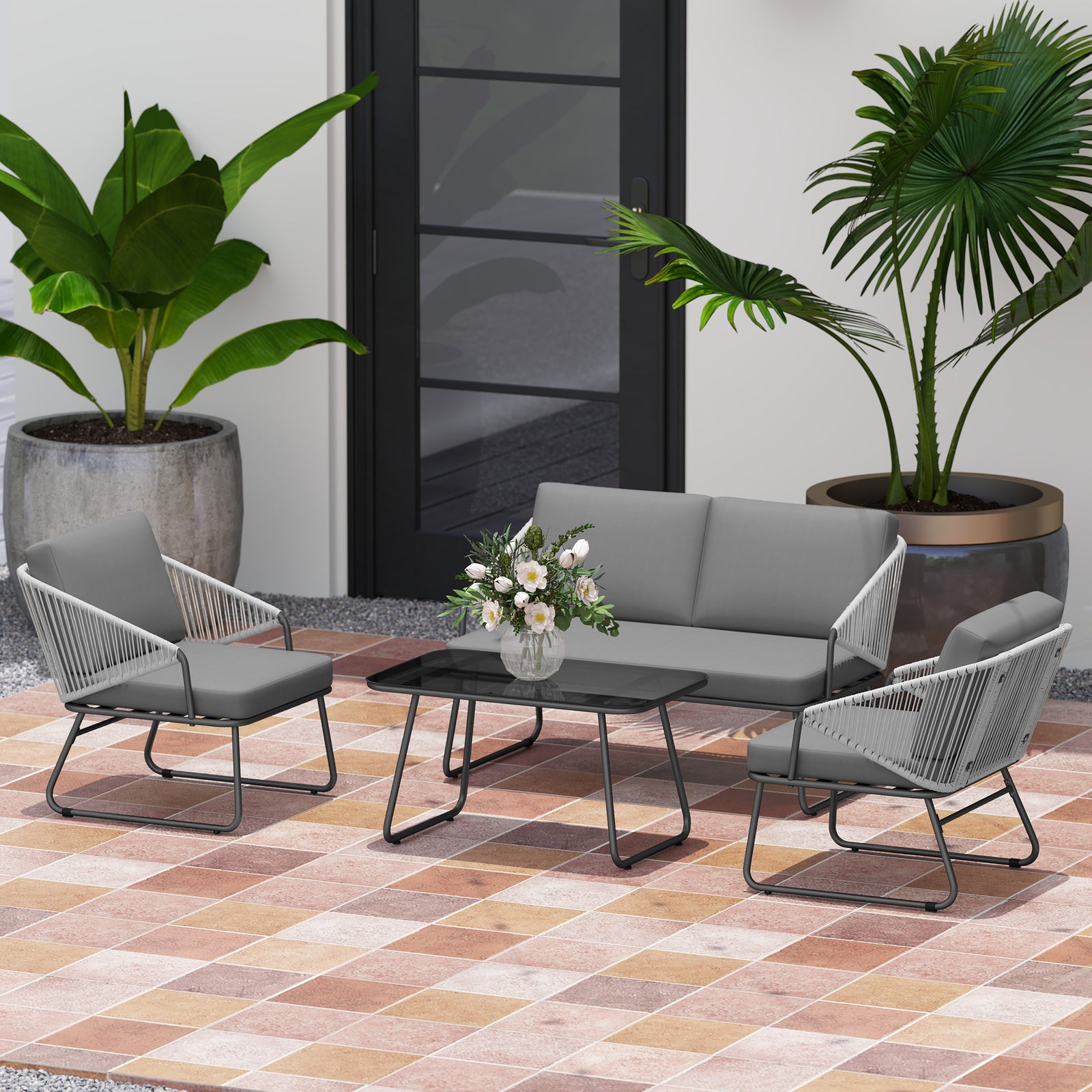 4 Piece Rattan Garden Furniture Set With Cushions | Gray