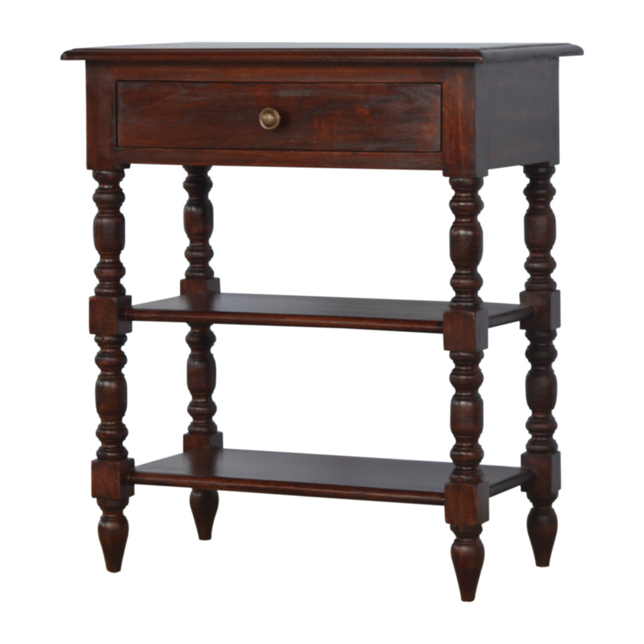 Solid Wood Turned Occasional Table, 1 Drawer and 2 Open Shelves, Dark Brown