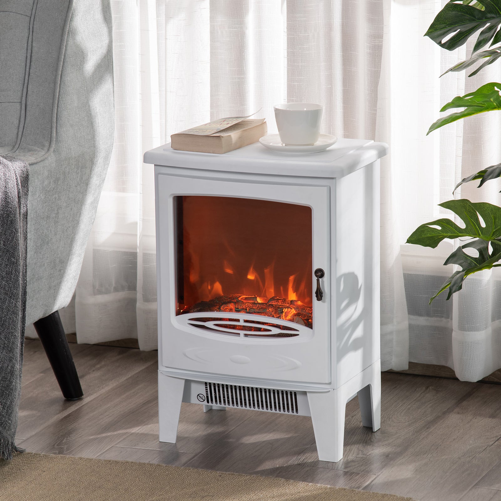 Freestanding Electric Fireplace Stove Heater With Led Flame | One Size | White