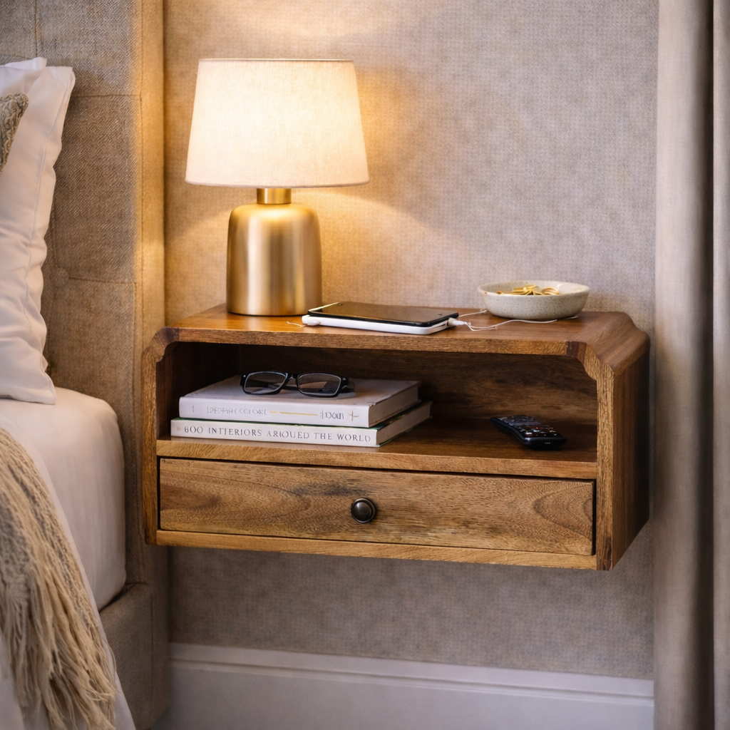 Avora Wall-mounted Bedside – Solid Wood, Oak-ish Finish
