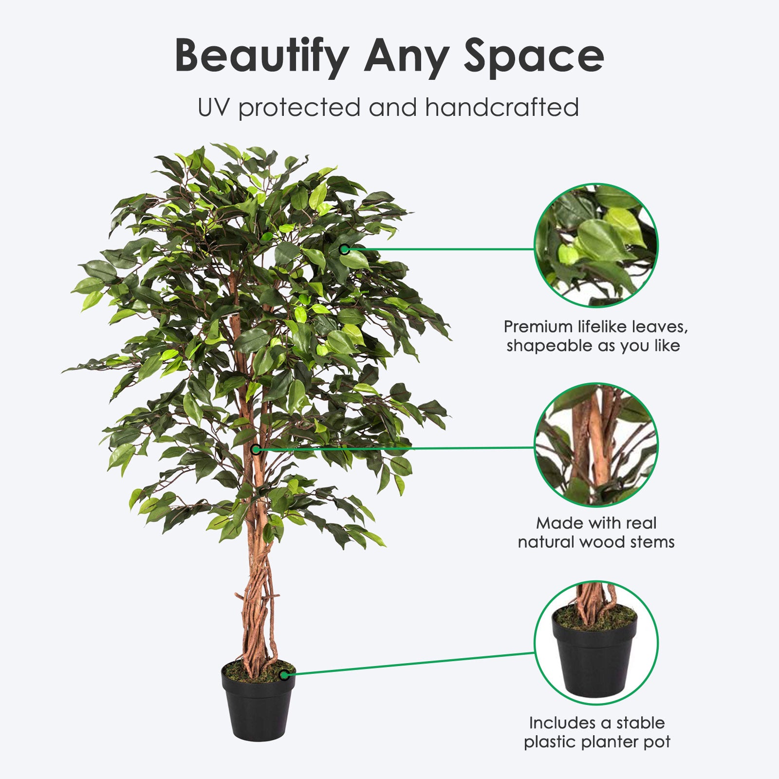 Artificial Handcrafted Ficus Tree With Real Wood Trunk | 4ft | Green