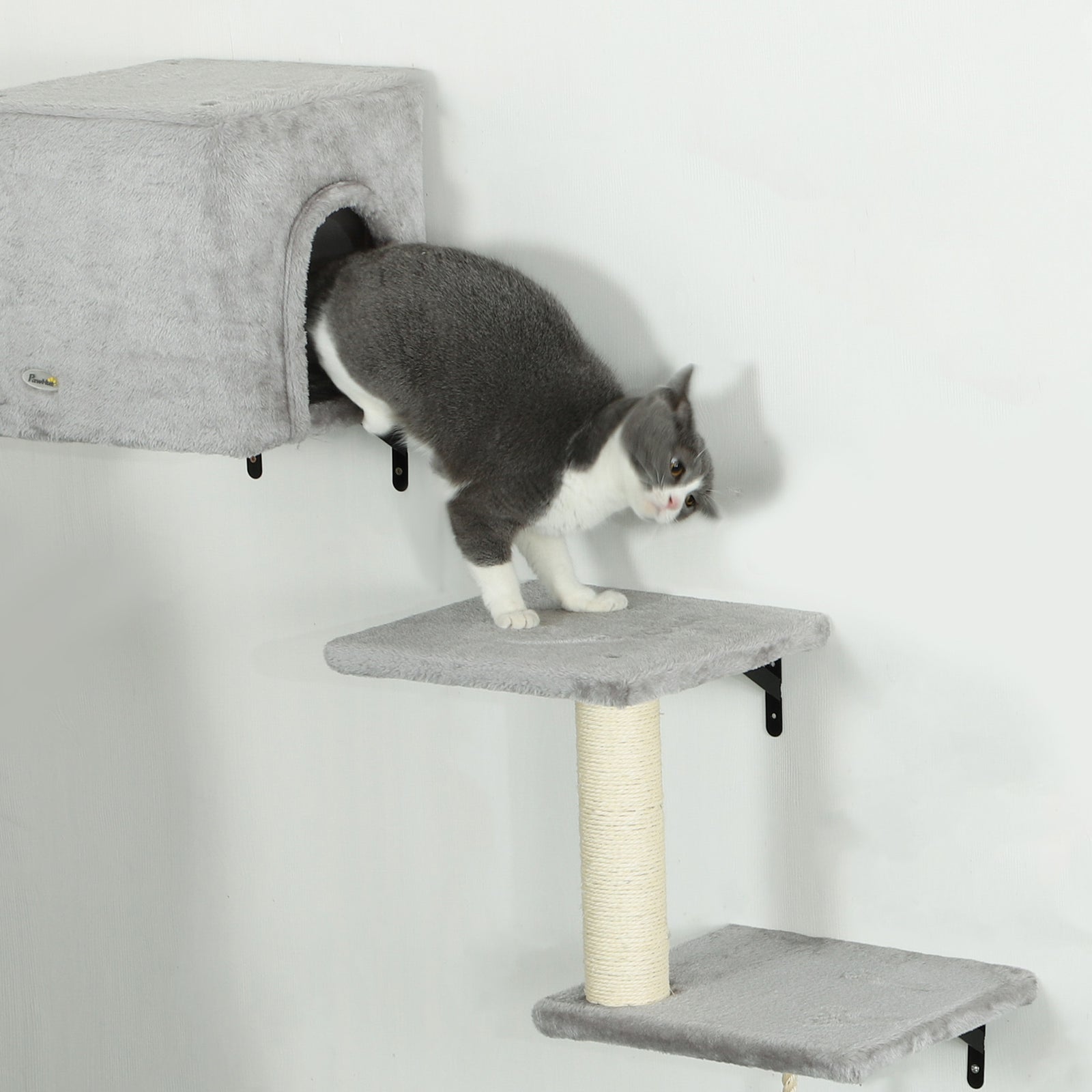 6-piece Cat Wall Shelves Set, Cat Wall Furniture With Condo, Grey