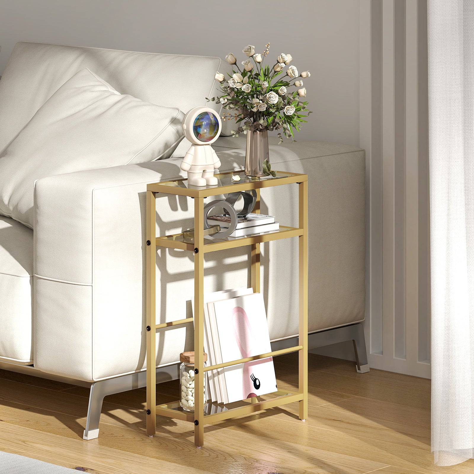 Slim Side Table, End Table With Tempered Glass Tabletop | Gold