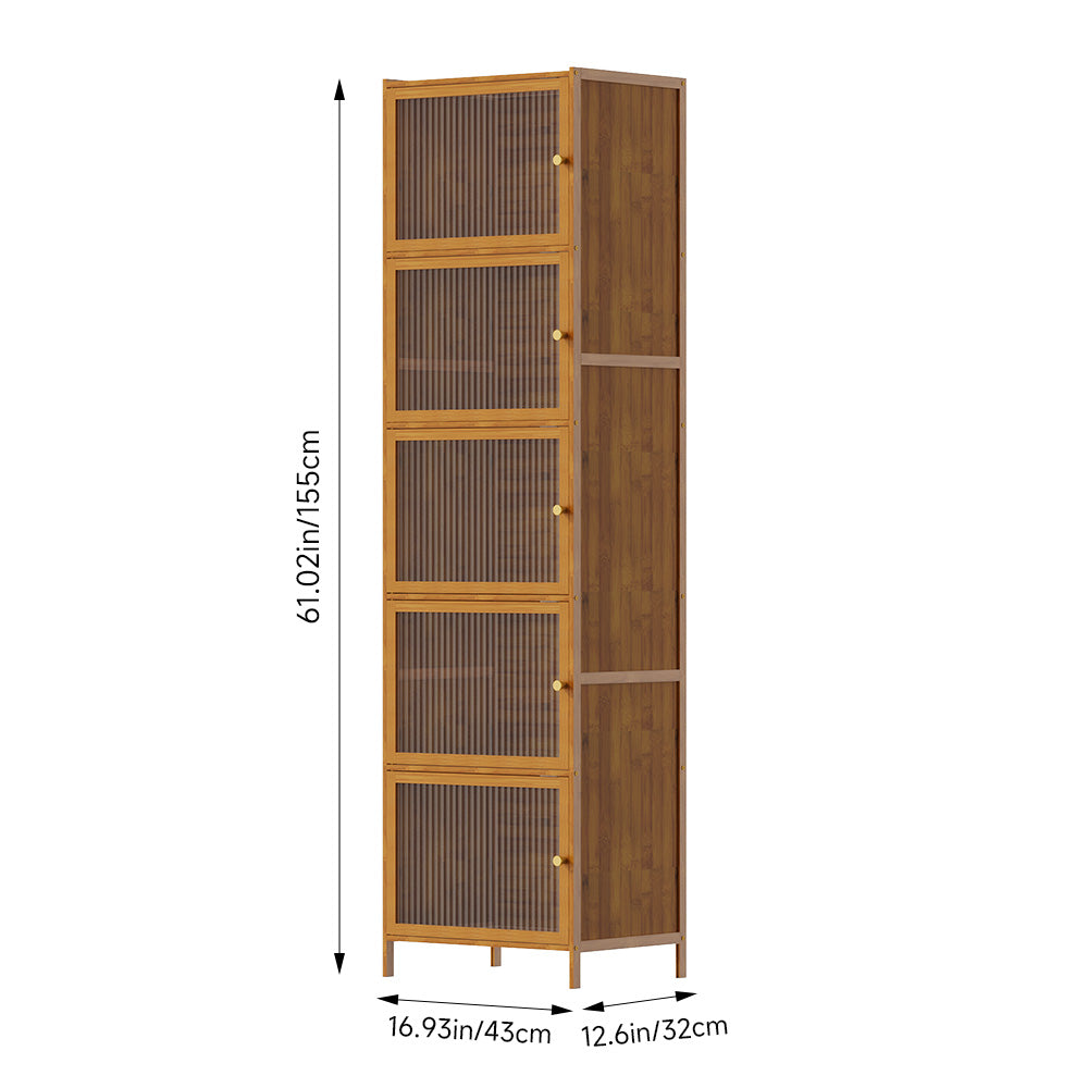 Versatile 5-tier Storage Cabinet With Transparent Doors,bamboo & Mdf Freestanding Organizer For Small Spaces