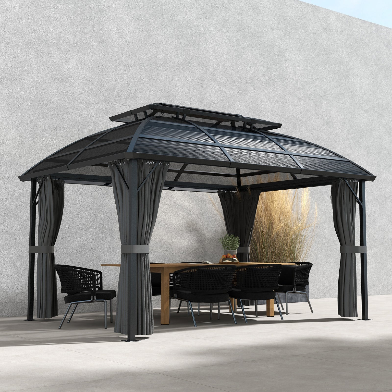 4 X 3(m) Polycarbonate Gazebo W/ Curtains, Nettings, 2 Roofs | Black