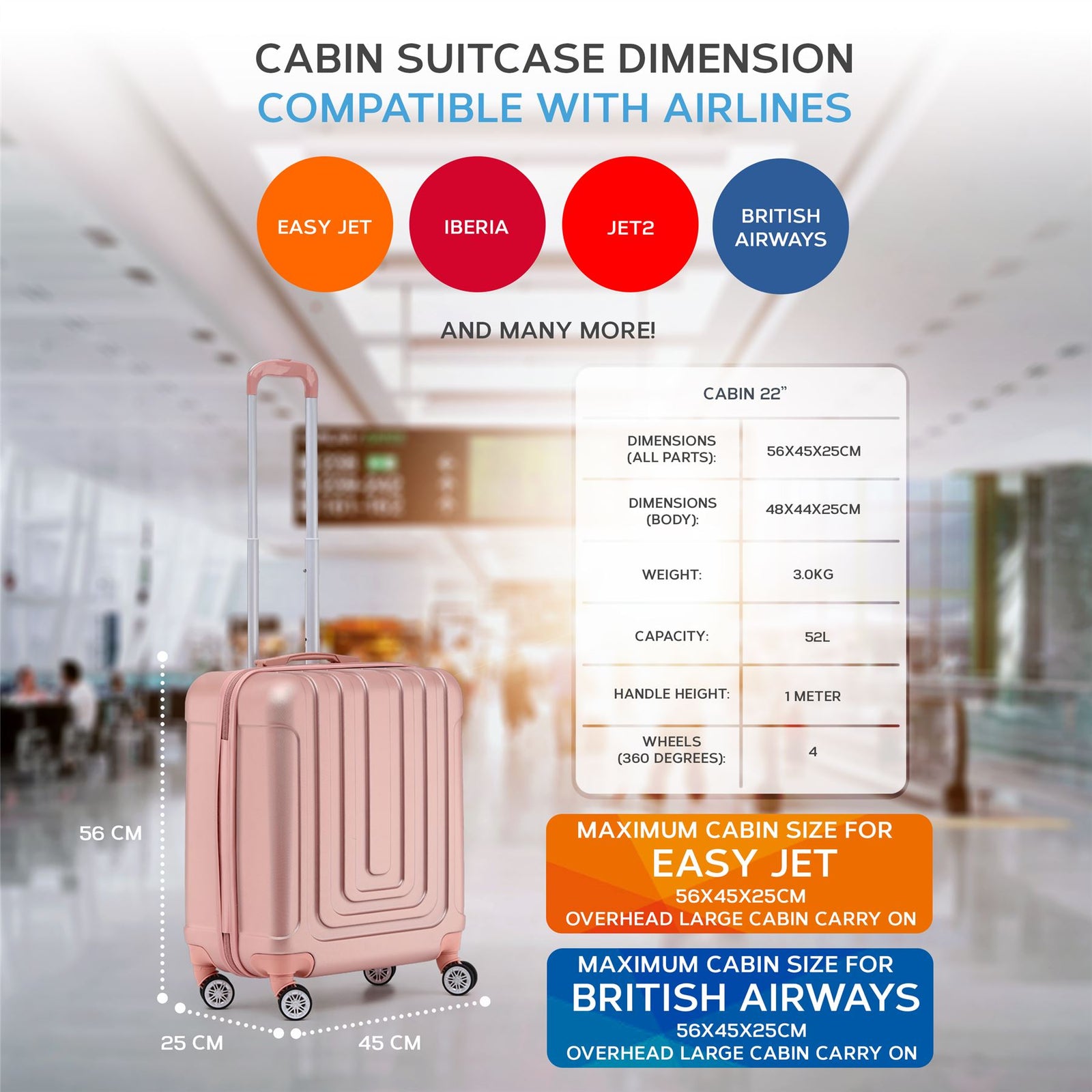 56x45x25cm Large Cabin Carry On Case - Overhead Luggage Suitcase - 4 Spinner Wheels - Abs Hard Shell Cabin Bag | Cabin | Rose Gold