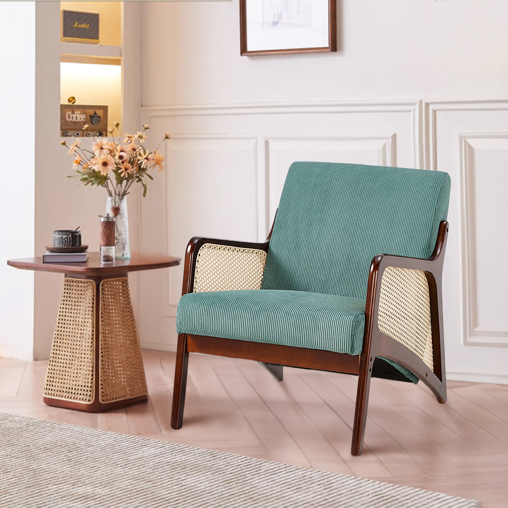 Corduroy Armchair With Rattan-weave Side Panels – Accent Chair With Rubberwood Legs | Green