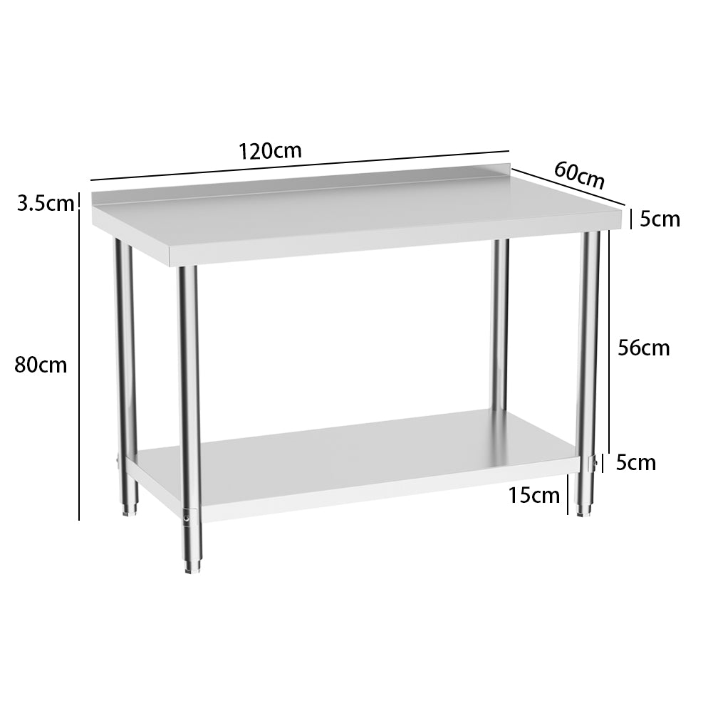 90cm/120cm/180cm×60cm×80cm H Commercial Kitchen Prep 2 Tier Work Stainless Steel Table With Backsplash | Medium