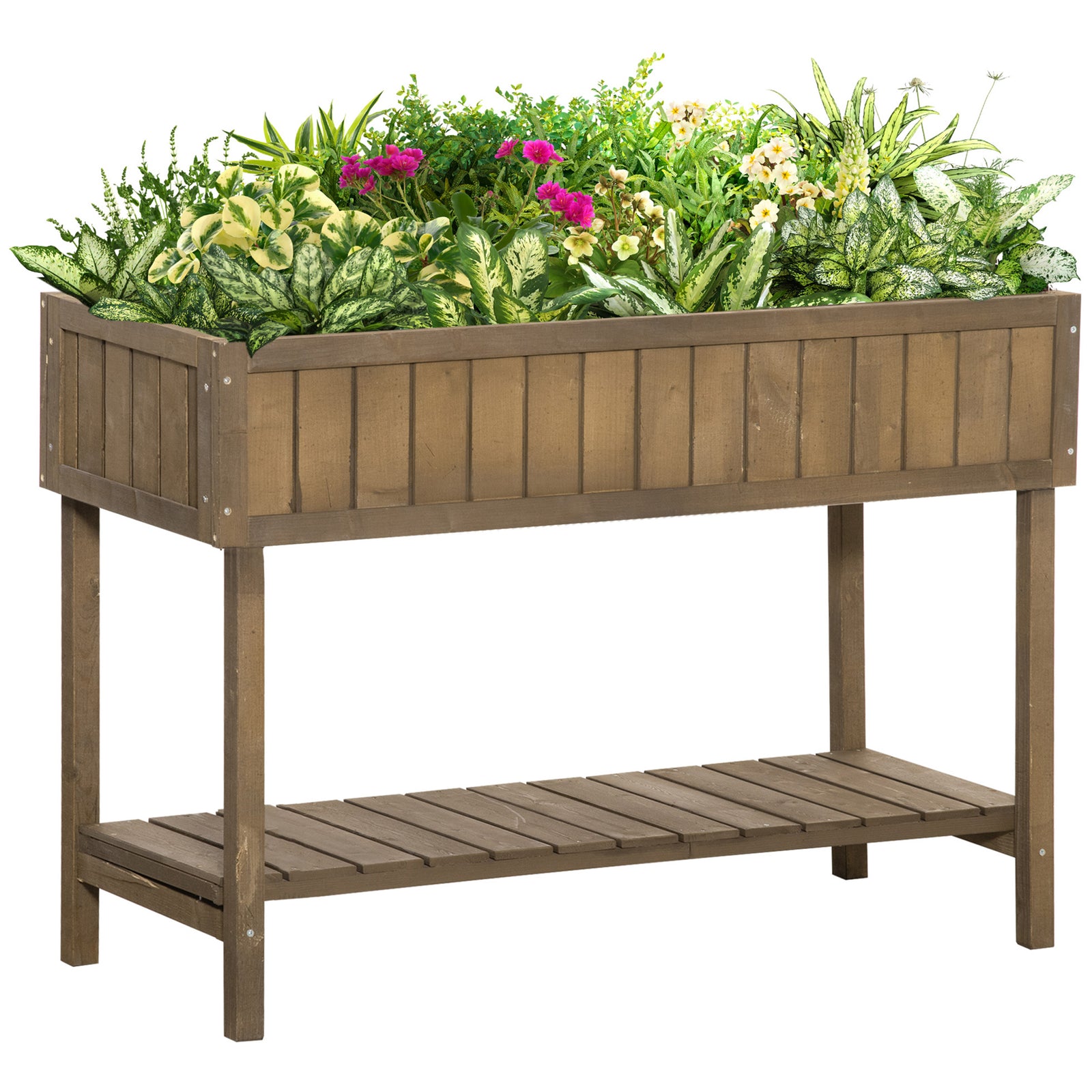 Elevated Wooden Garden Planter Stand With Shelf | Brown