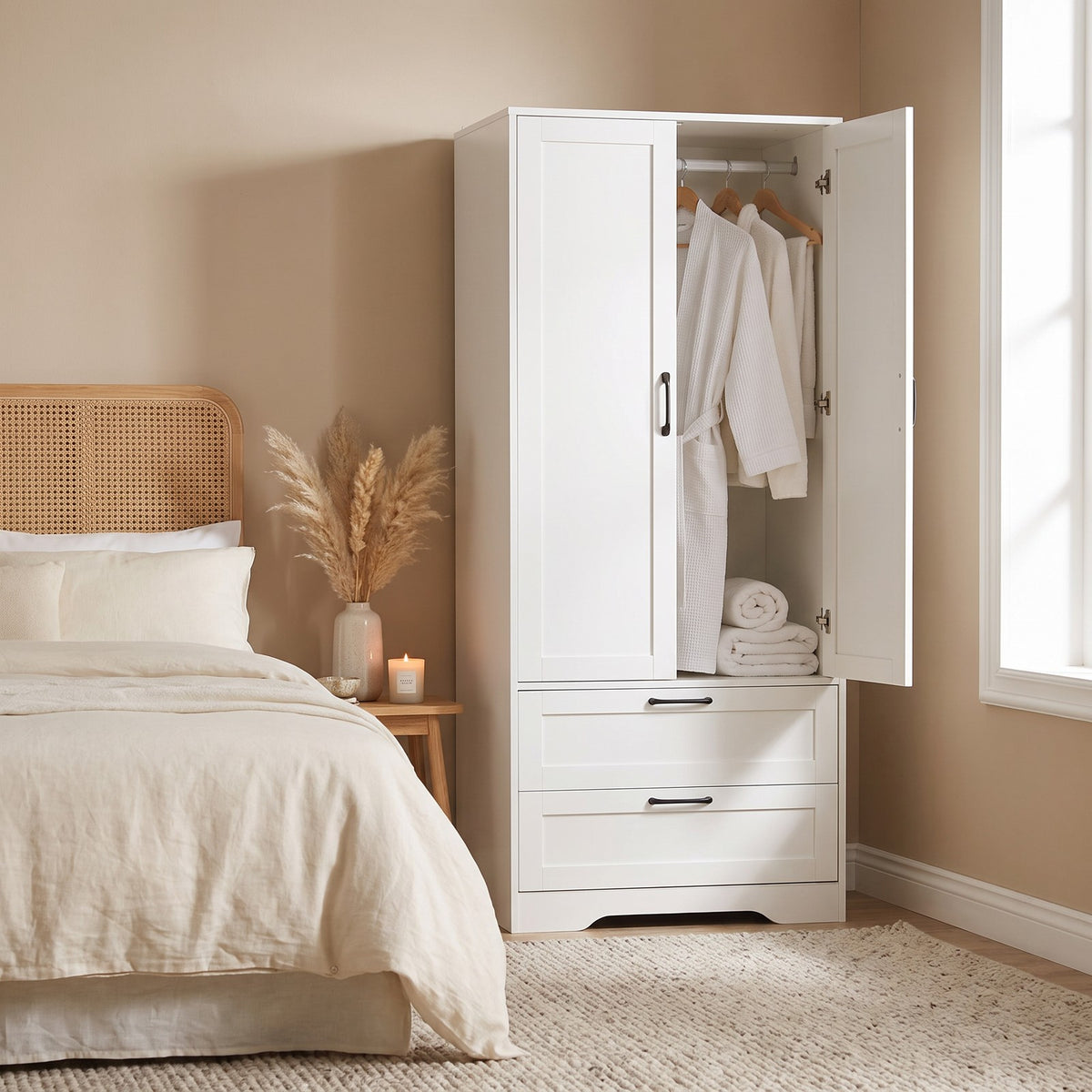 2-door Wardrobe With Drawers & Mirror | One Size | White