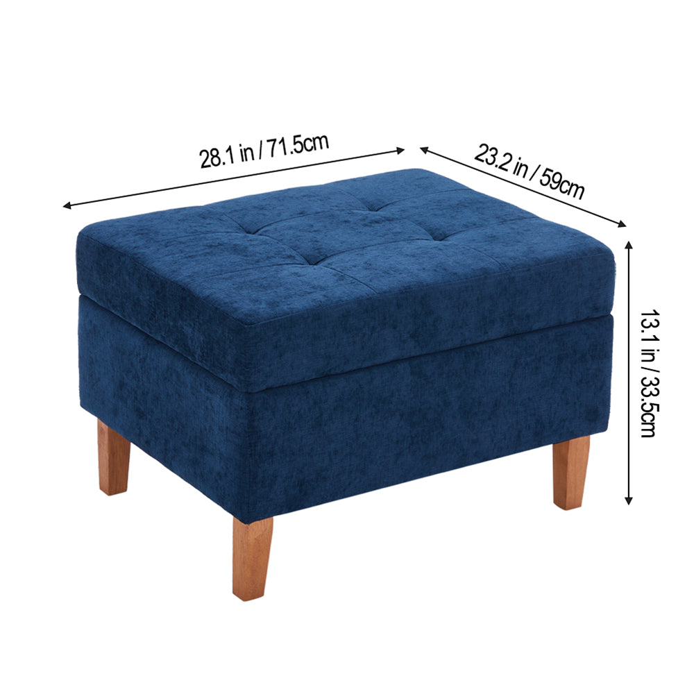 Chenille Upholstered Storage Ottoman With Rubberwood Legs – Modern Footstool With Hidden Storage, 71.5 X 59 X 33.5 Cm | Blue