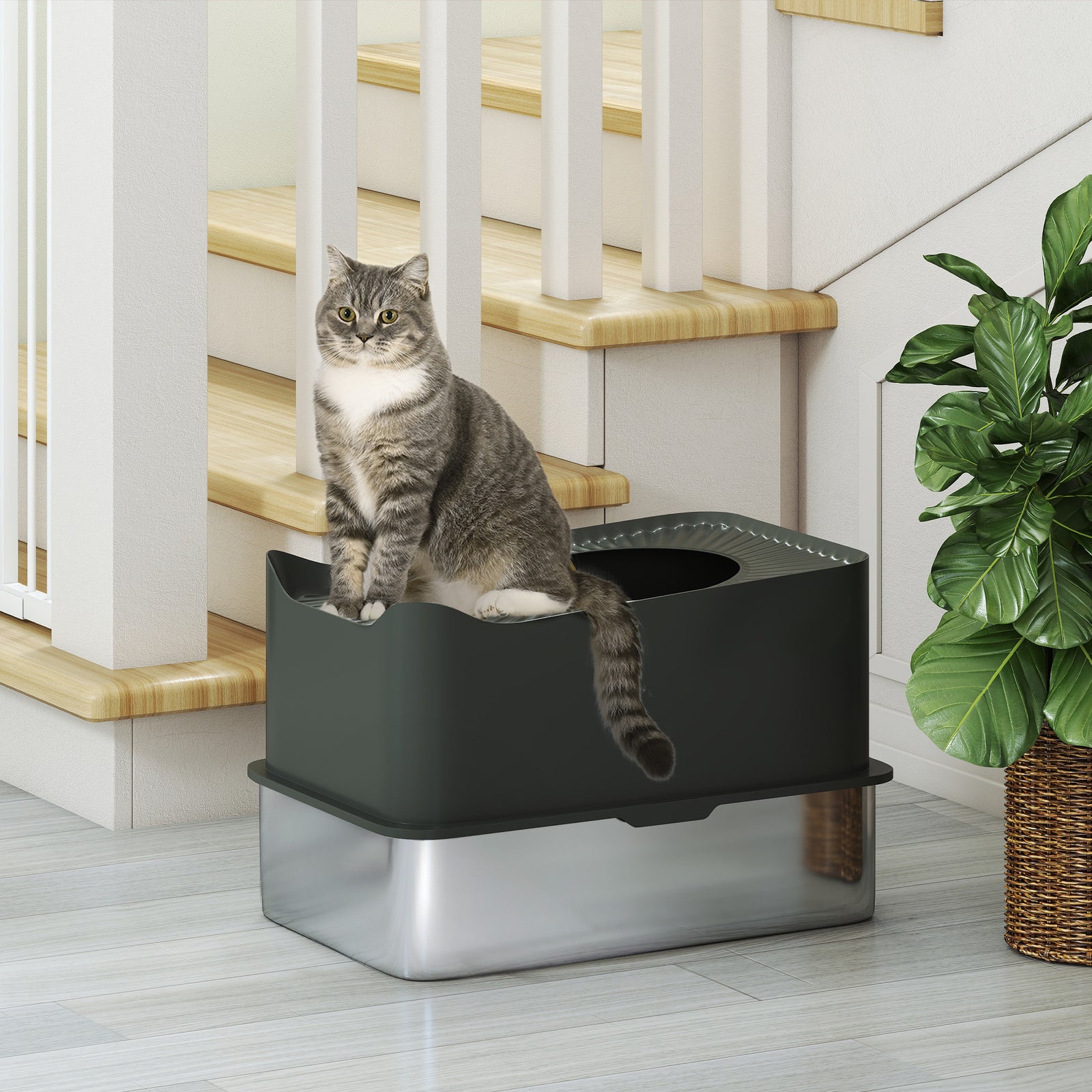 Pawhut Stainless Steel Cat Litter Box, Enclosed Metal Litter Tray, Dark Grey